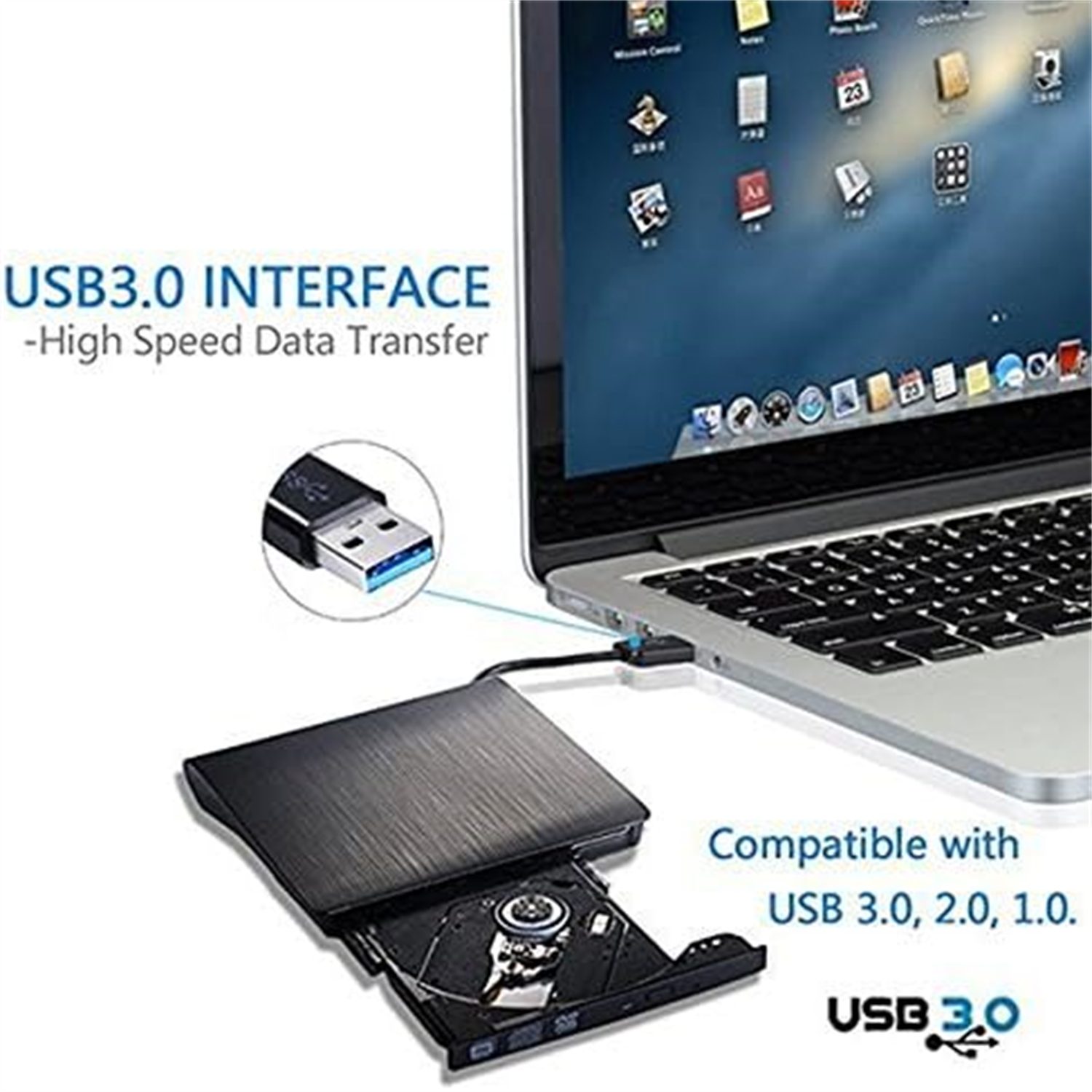 Laptop, der über USB 3.0 mit einem schwarzen externen CD/DVD-Laufwerk verbunden ist. Kompatibel mit USB 3.0, 2.0, 1.0.