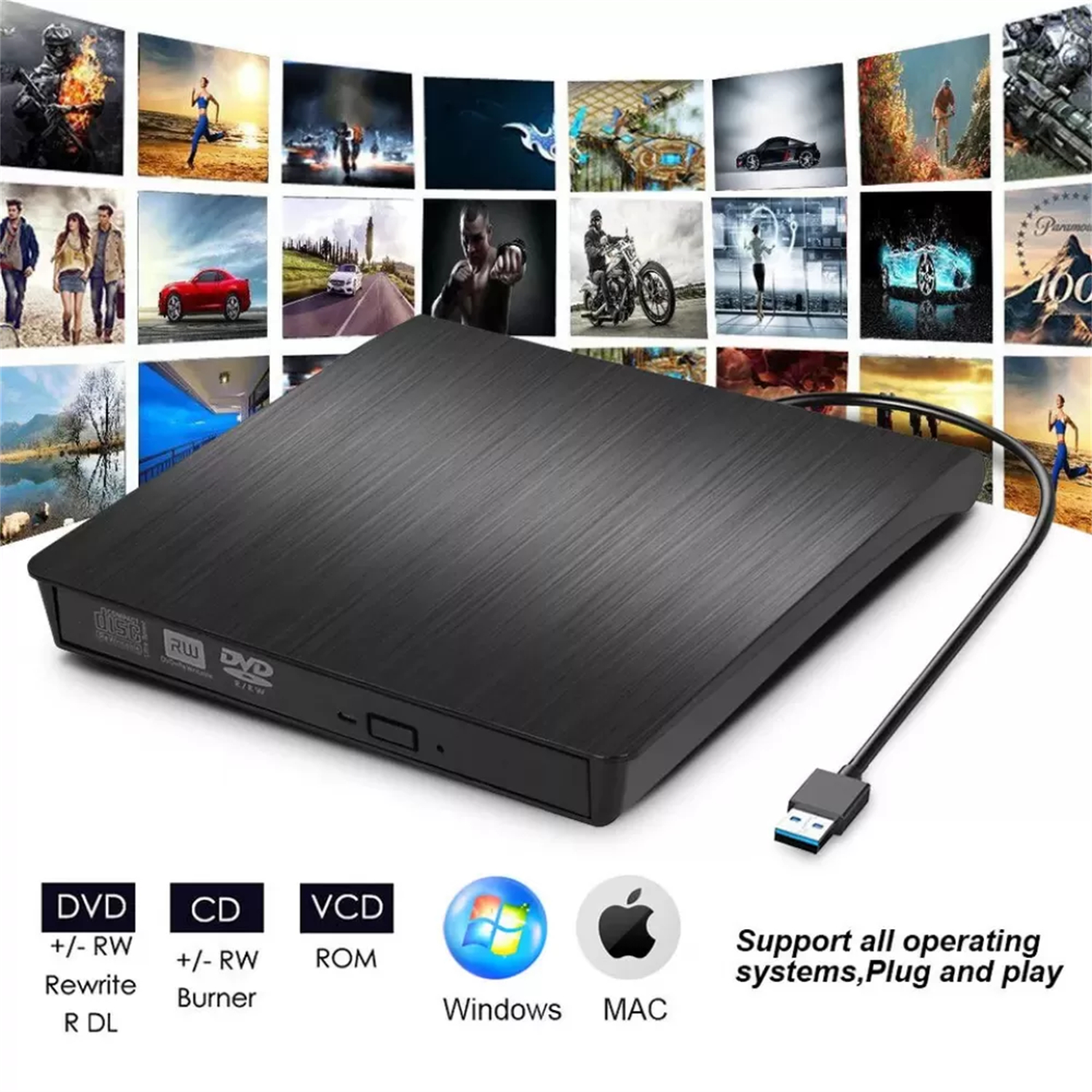 Schwarzes externes CD/DVD-Laufwerk mit USB-Kabel. Unterstützt verschiedene Betriebssysteme und Plug-and-Play.