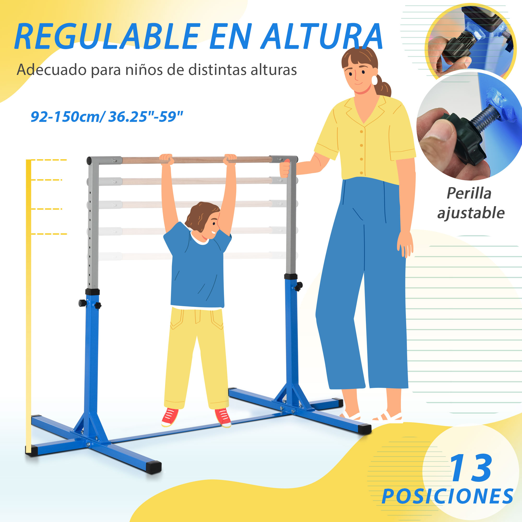 Un niño y una mujer cerca de una barra de gimnasia. La barra es ajustable, 92-150cm, con 13 posiciones. Imagen tiene texto en español.