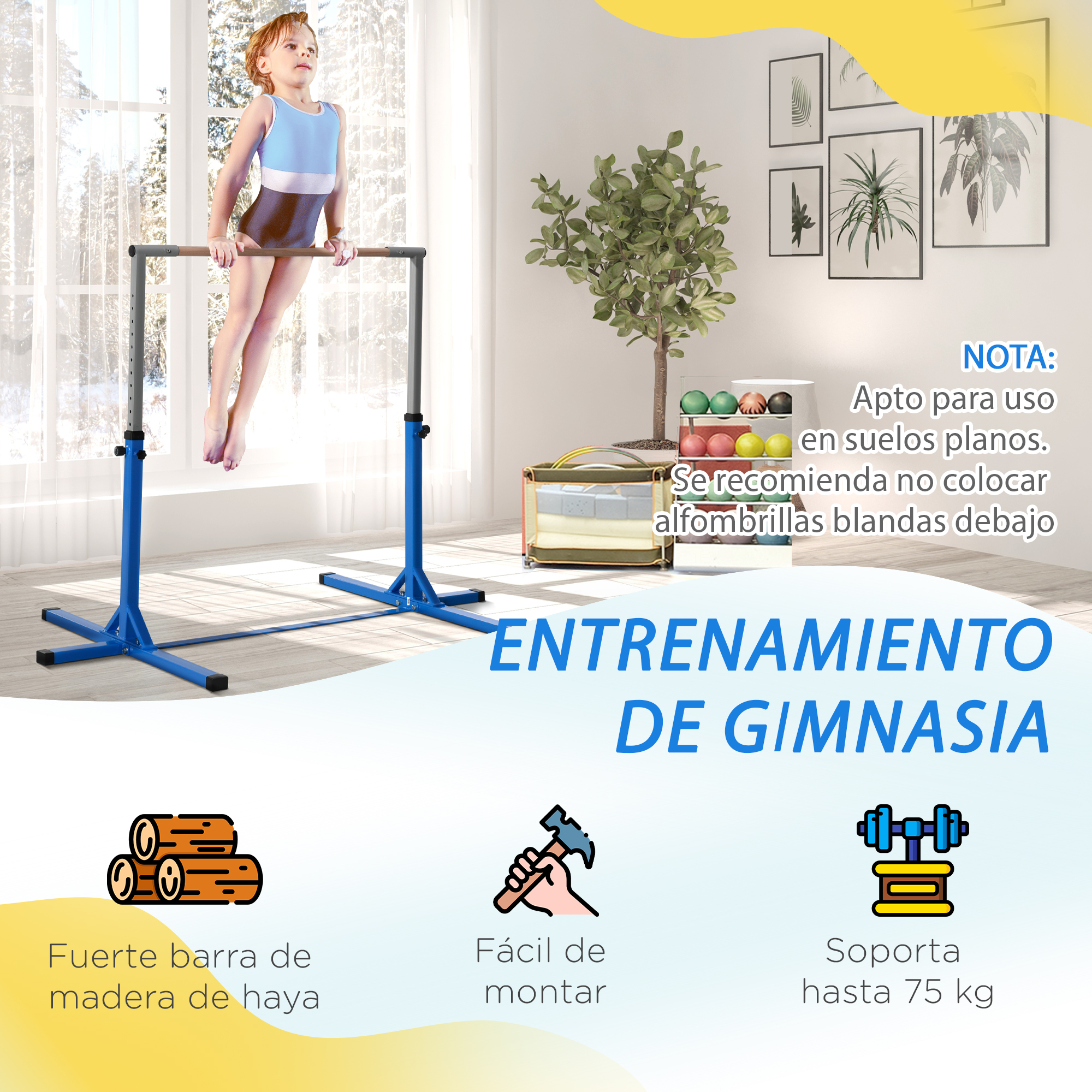 Una niña en barras de gimnasia con texto en español. Incluye imágenes de una barra de madera, fácil montaje y soporta hasta 75 kg.