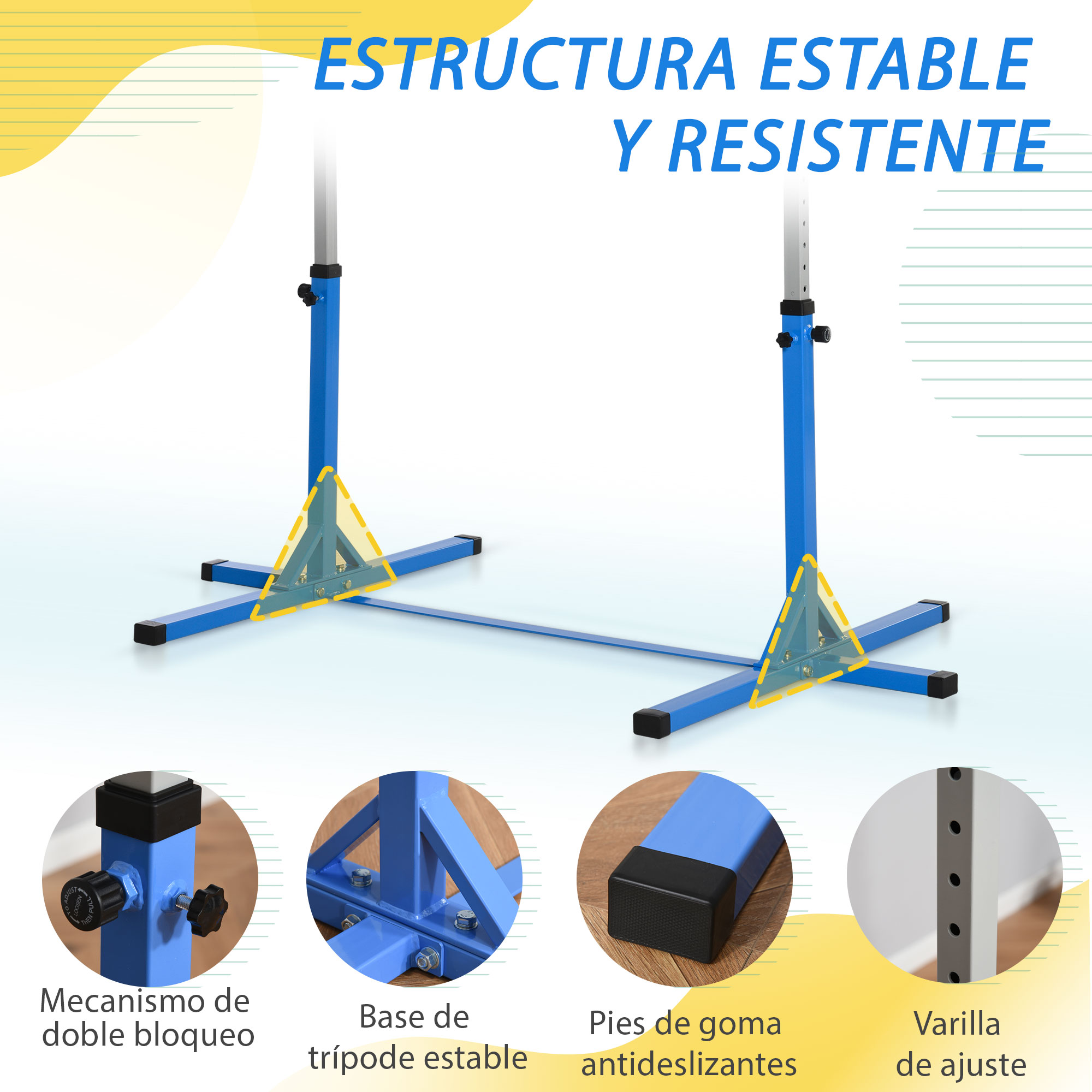 Equipo de gimnasia azul con texto en español. Incluye primeros planos de doble bloqueo, base de trípode estable y pies de goma antideslizantes.