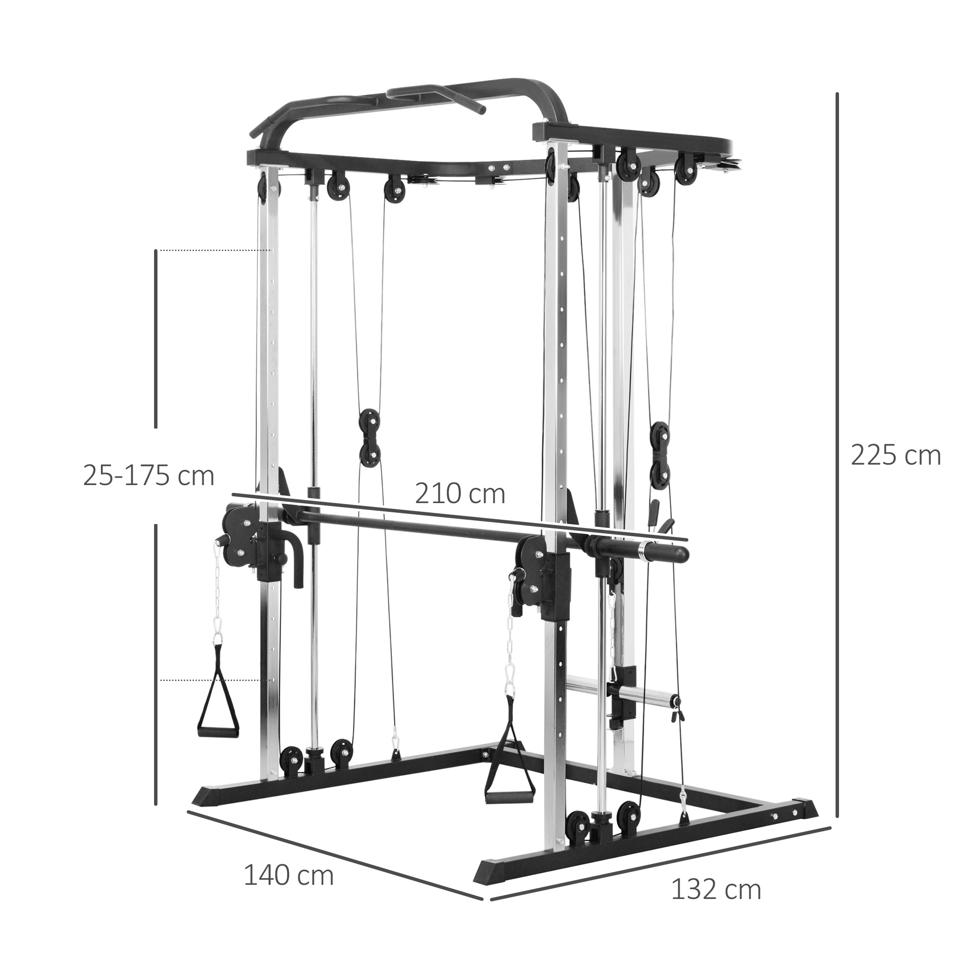 Una máquina de gimnasio con medidas: 25-175cm, barra de 210cm, altura de 225cm, ancho de 140cm y profundidad de 132cm.