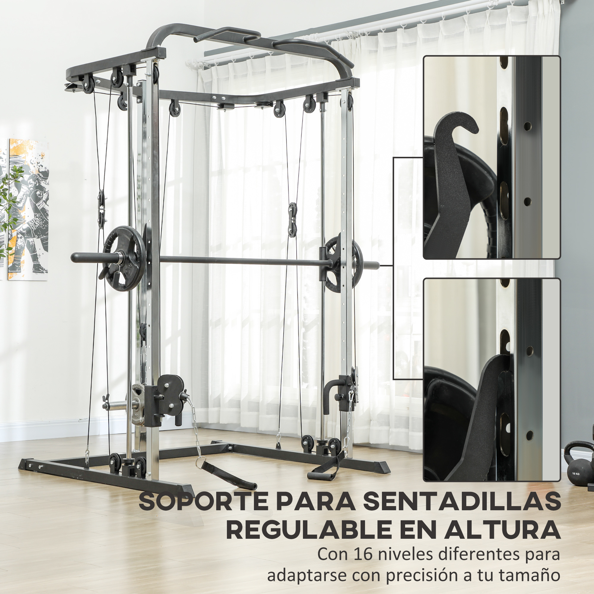 Máquina de gimnasio con barra y pesas. Soporta sentadillas. Incluye primeros planos de ganchos y orificios de ajuste.