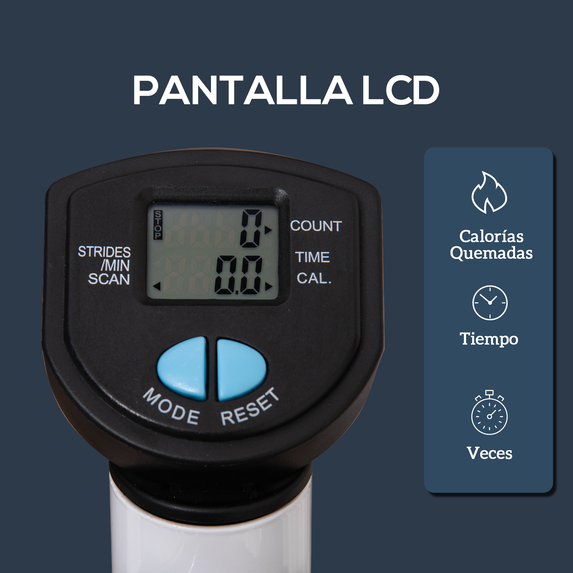 Primer plano de una pantalla digital que muestra las métricas del entrenamiento. Incluye botones de modo y reinicio.