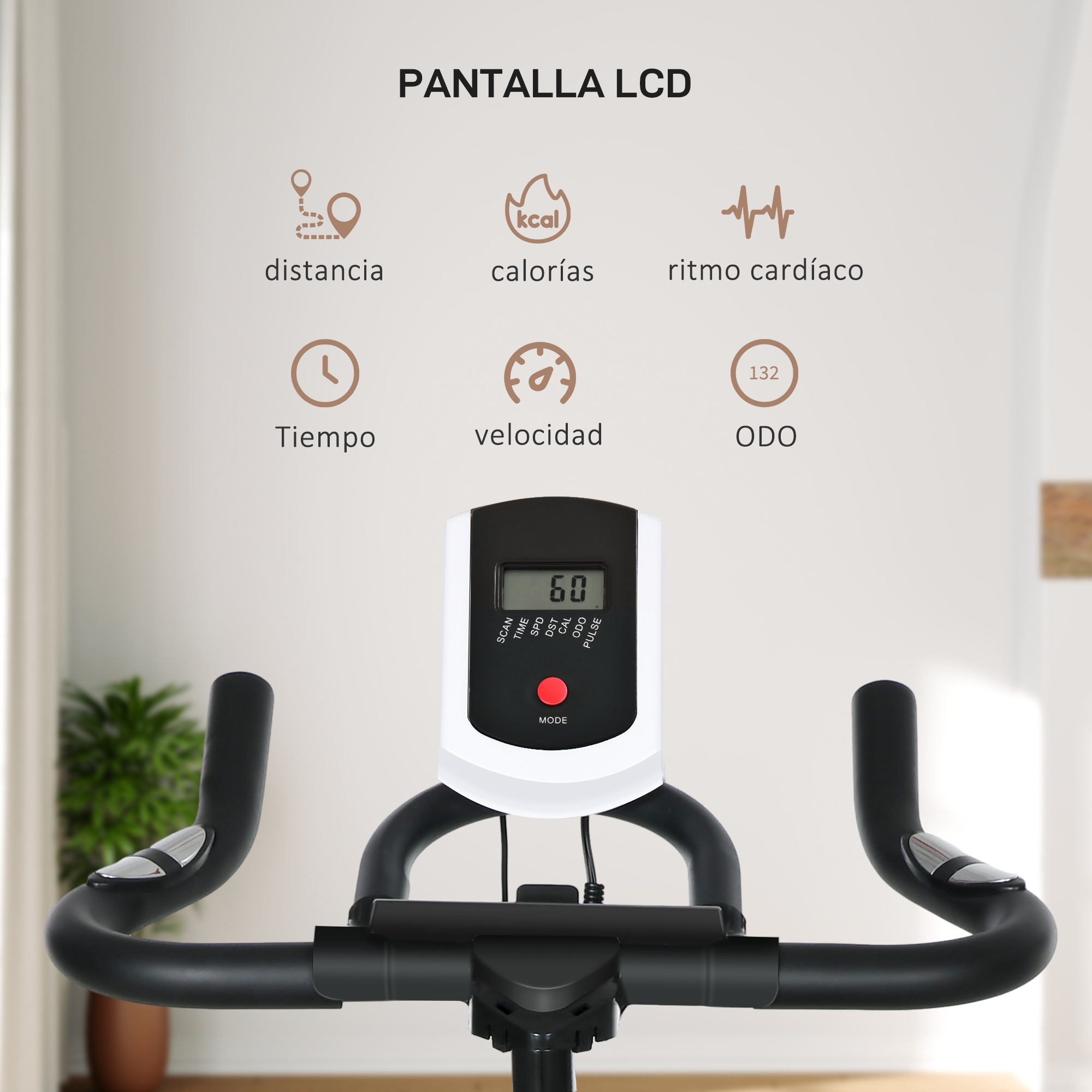 Primer plano de la pantalla LCD y los controles de una bicicleta estática.