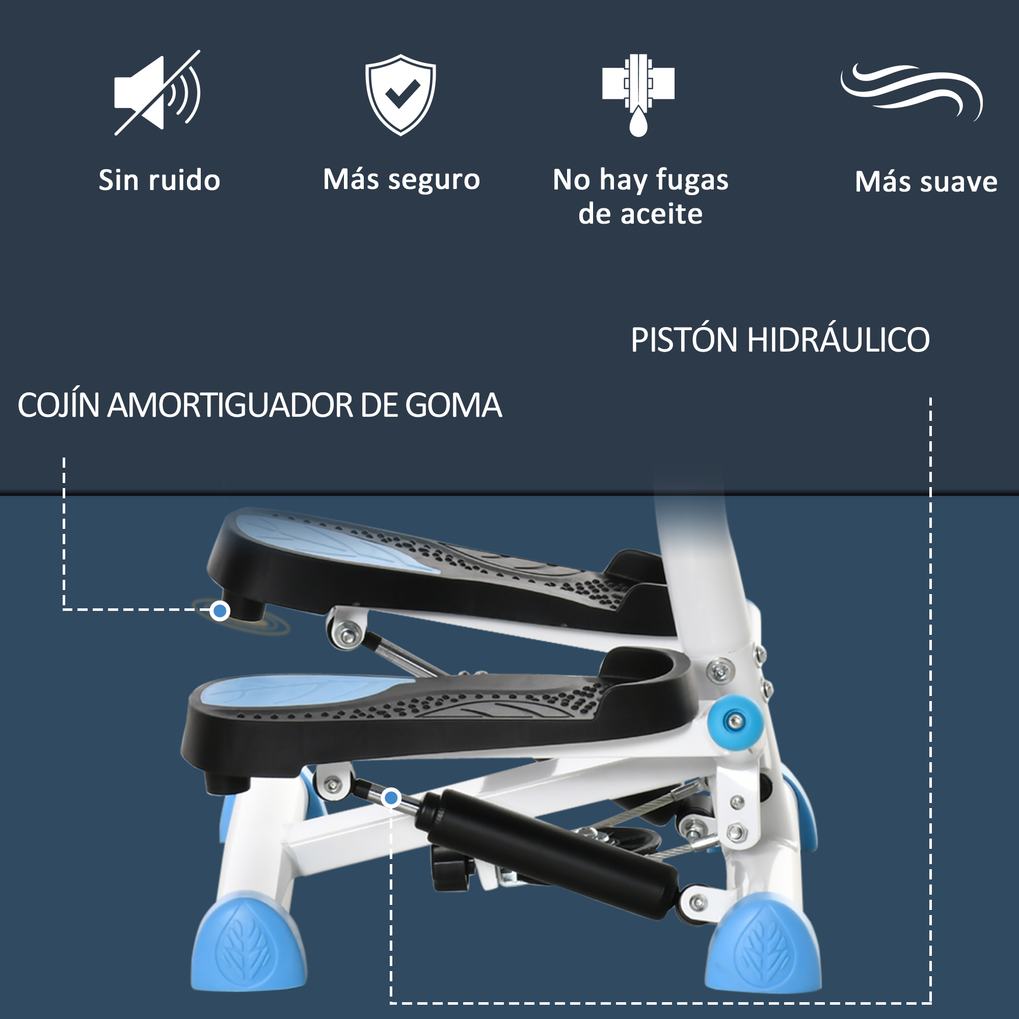 Primer plano de un step, mostrando características azules y blancas como amortiguadores de goma y un pistón.