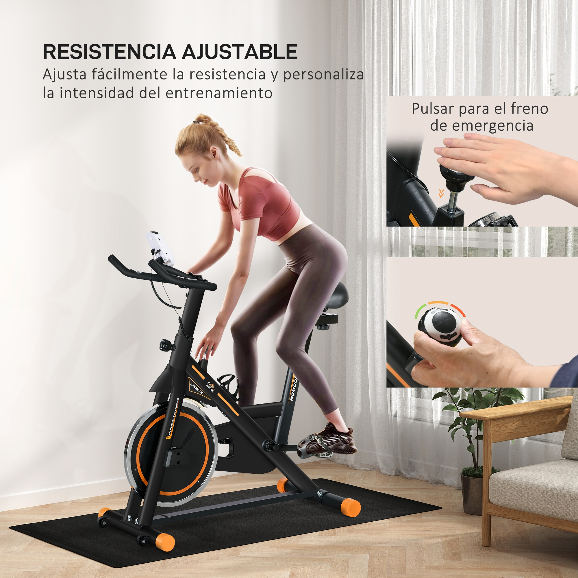 Mujer con ropa de ejercicio usando una bicicleta estática. Muestra resistencia ajustable y acciones de freno de emergencia.