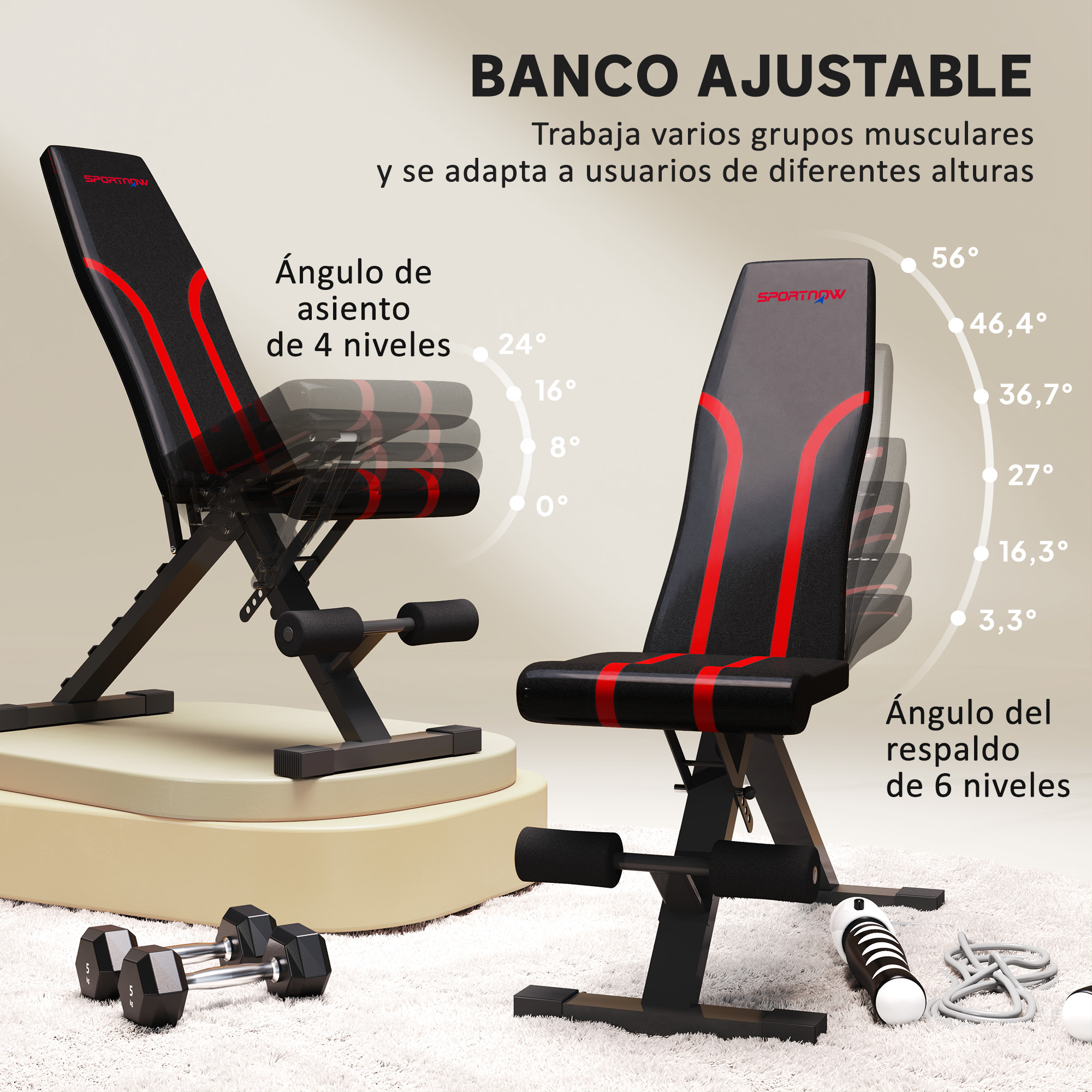 Banco de pesas ajustable que muestra los ángulos del asiento y el respaldo, con mancuernas y una cuerda para saltar.