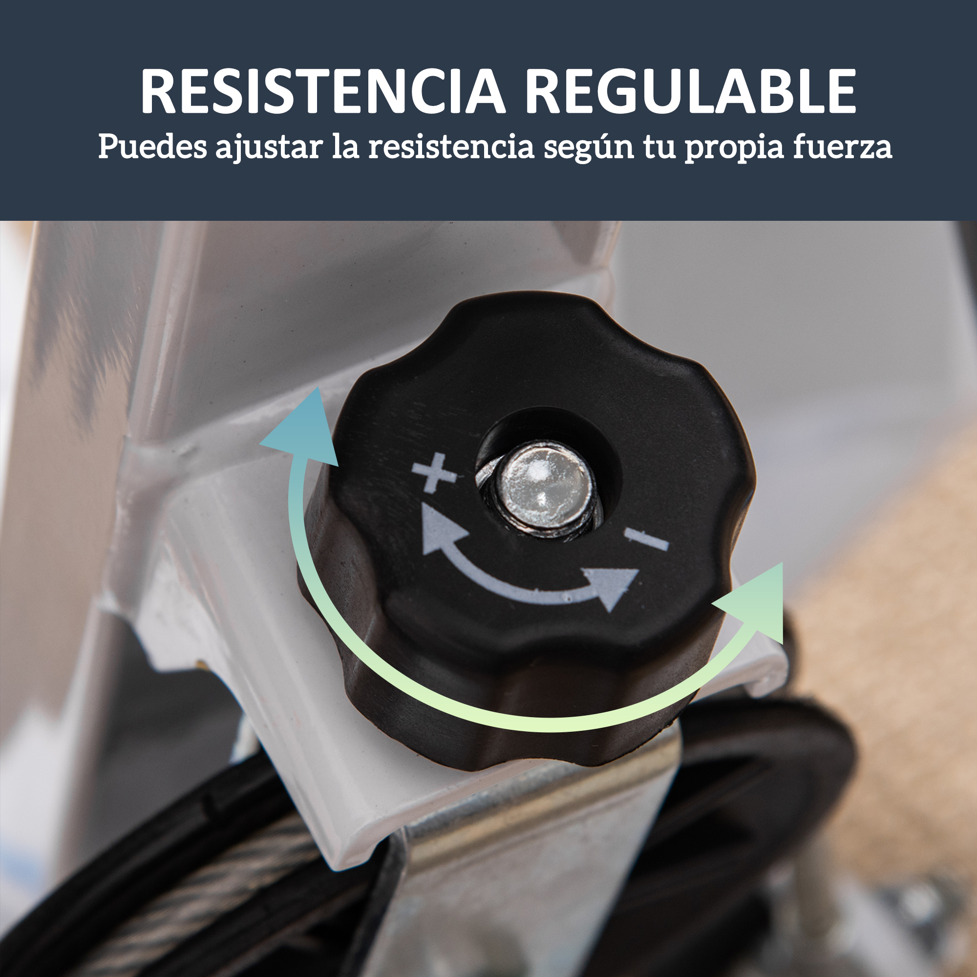 Primer plano de una perilla de ajuste negra con signos más y menos.