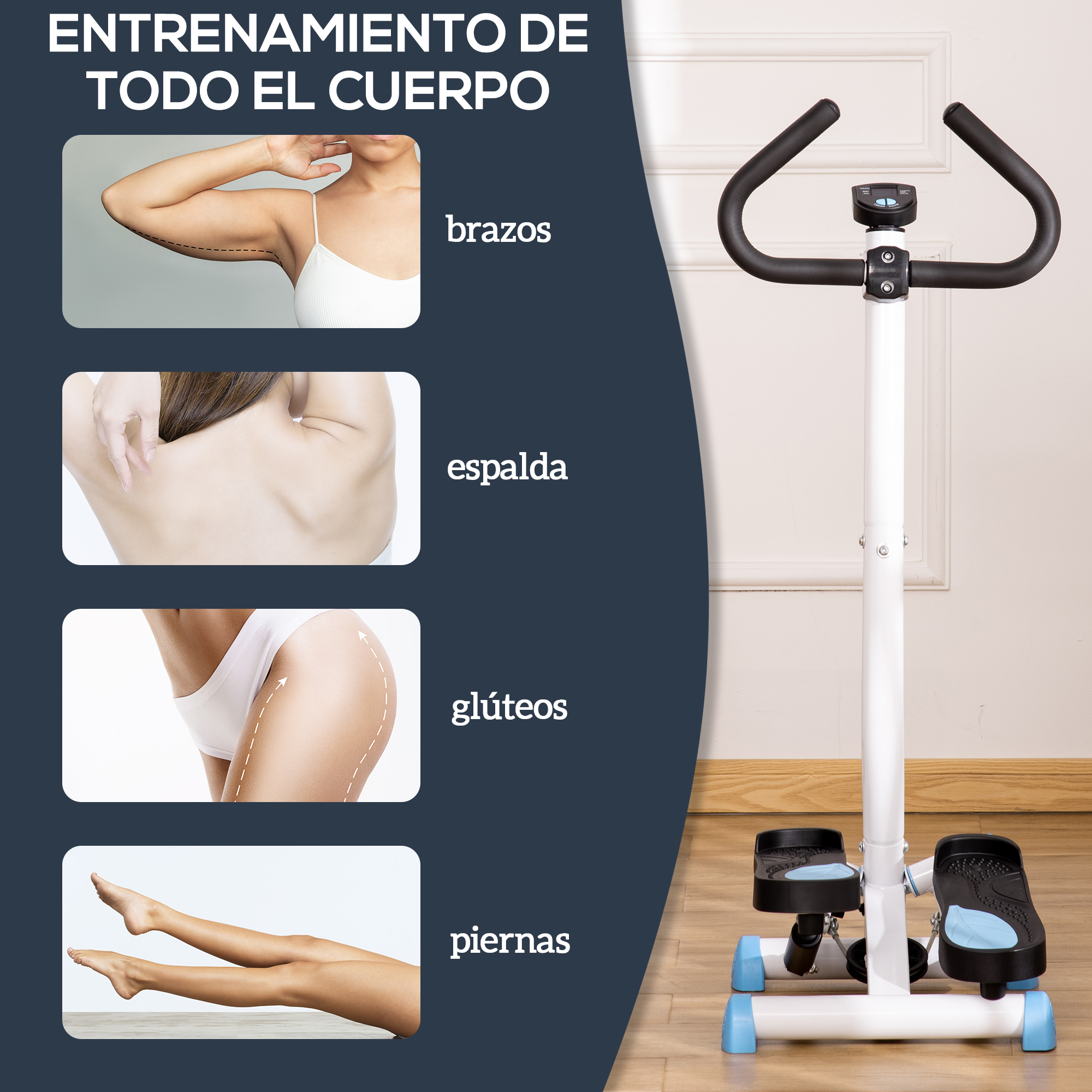 Máquina de step con imágenes de brazos, espalda, glúteos y piernas, con diseño en el fondo.