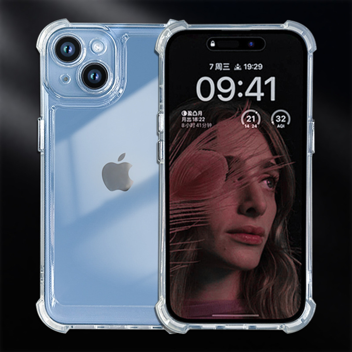 Un telefono in una custodia trasparente, con il volto di una donna visibile sullo schermo e uno sfondo nero.