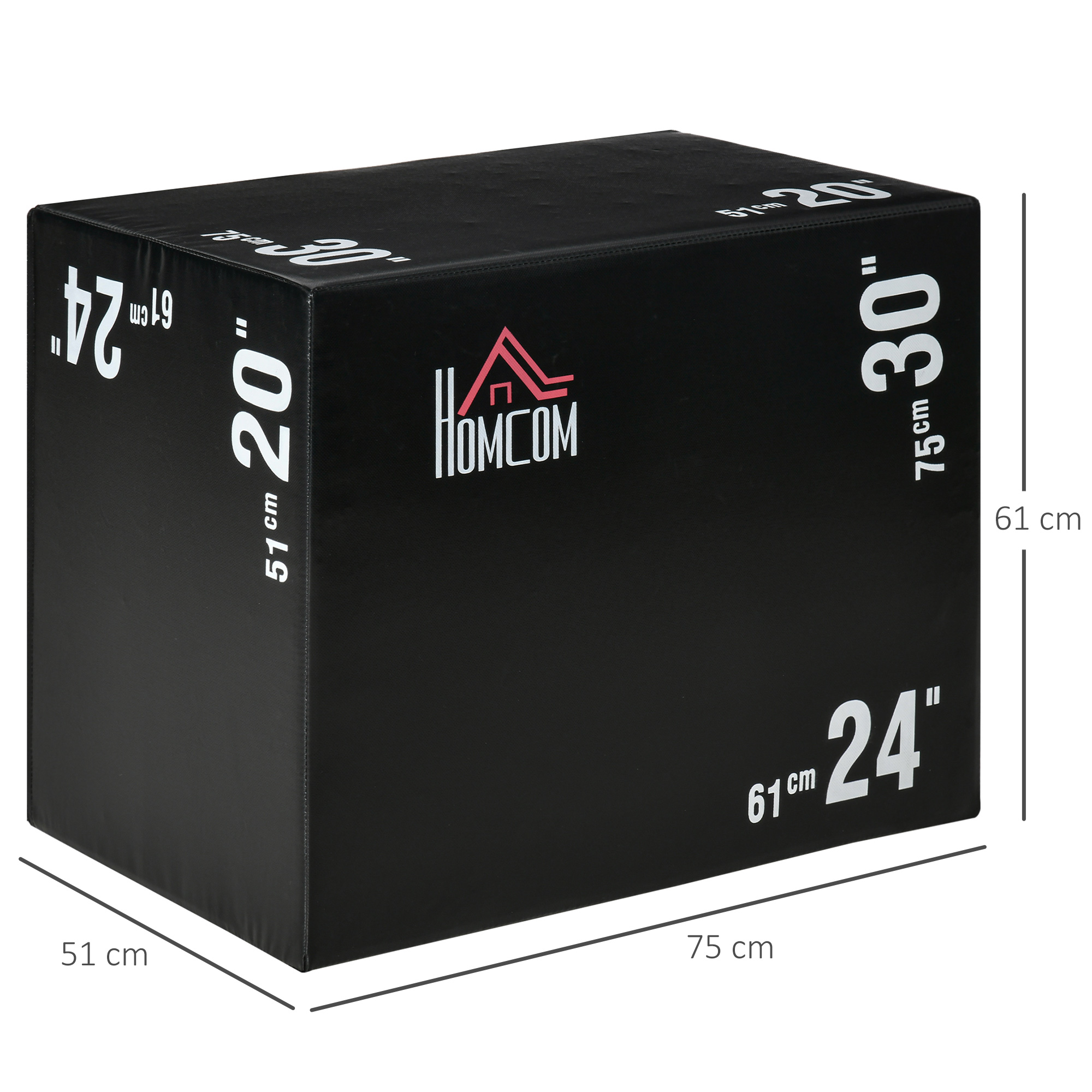 Caja de ejercicios negra con números blancos que indican las dimensiones, con la marca HOMCOM en rojo.