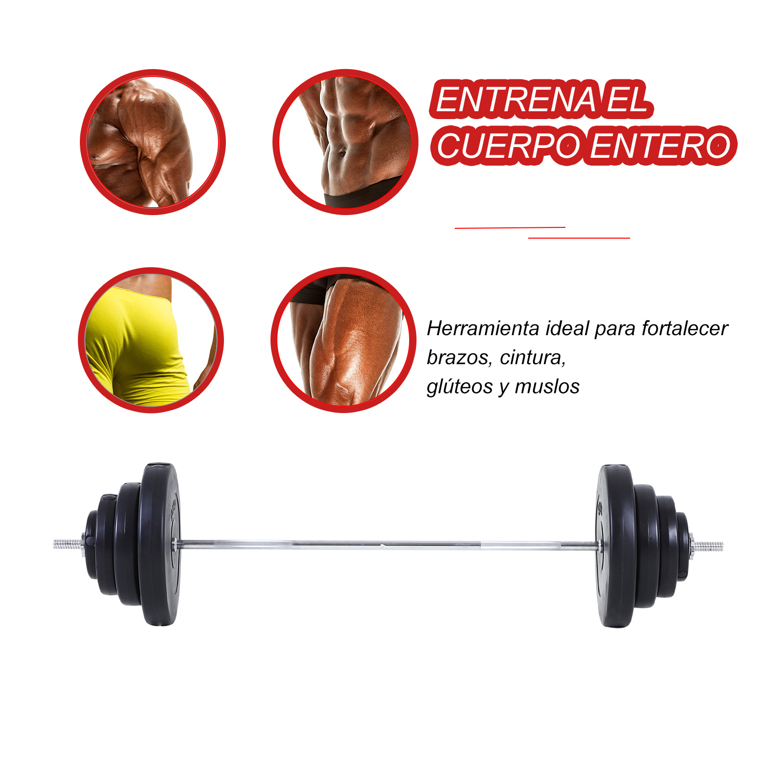 Una barra con pesas e imágenes que muestran grupos musculares: brazos, abdominales, glúteos, muslos.