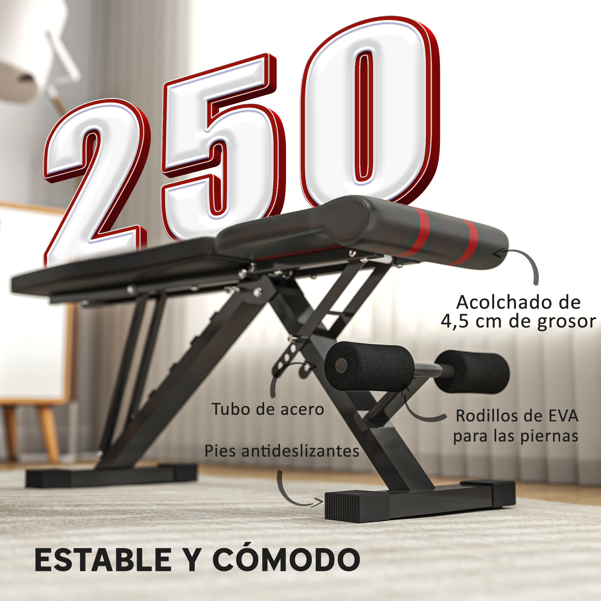 Banco de pesas ajustable con tubo de acero, pies antideslizantes y rodillos de espuma EVA. Se describe como estable y cómodo.