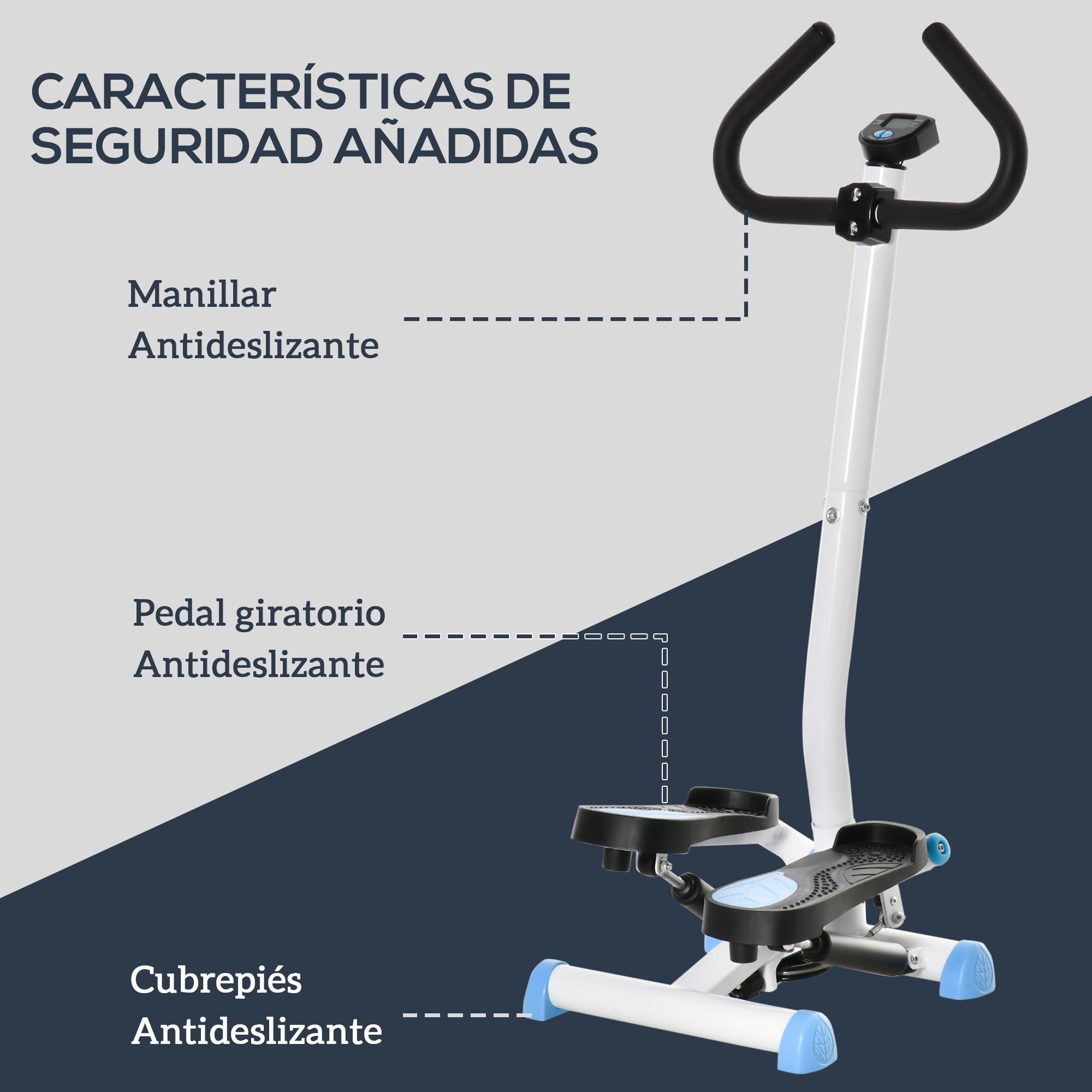 Máquina de step blanca y azul con manillar antideslizante, pedales y reposapiés. Texto en español.
