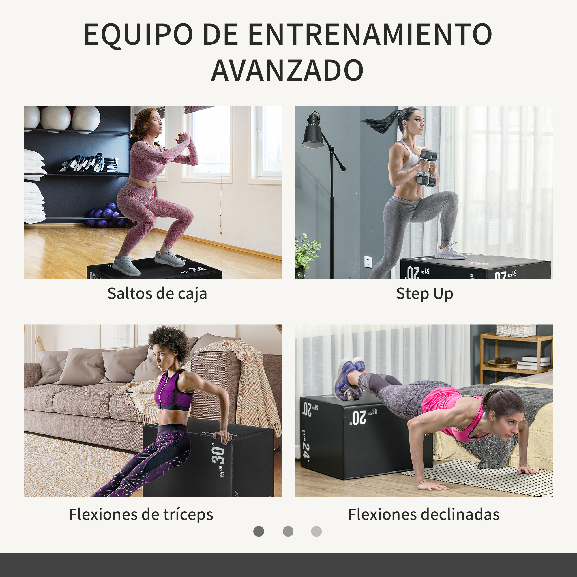 Collage de ejercicios de fitness con una caja pliométrica negra para step-ups y fondos de tríceps.