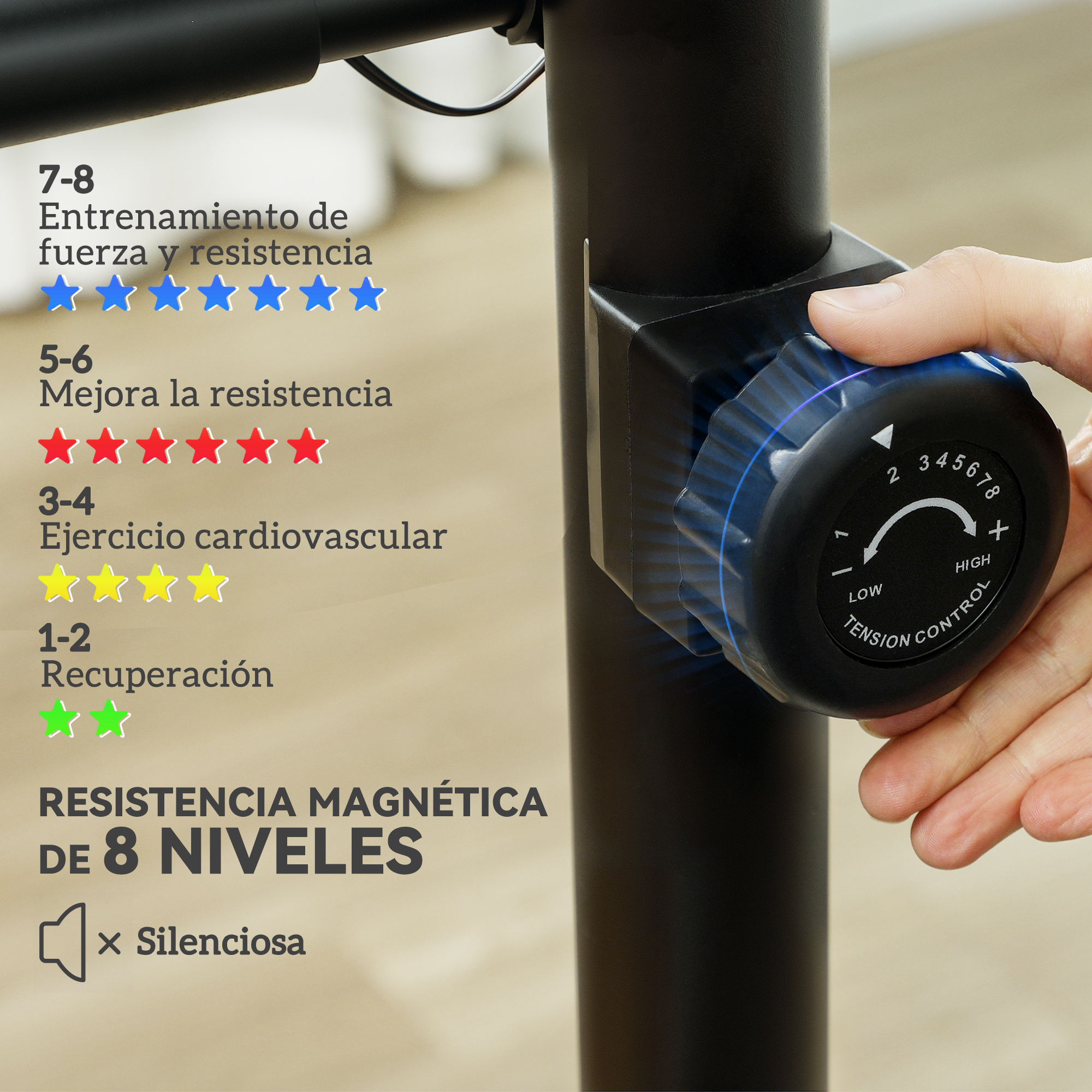 Primer plano de la perilla de control de tensión de una máquina de ejercicios negra con números y una mano girándola.