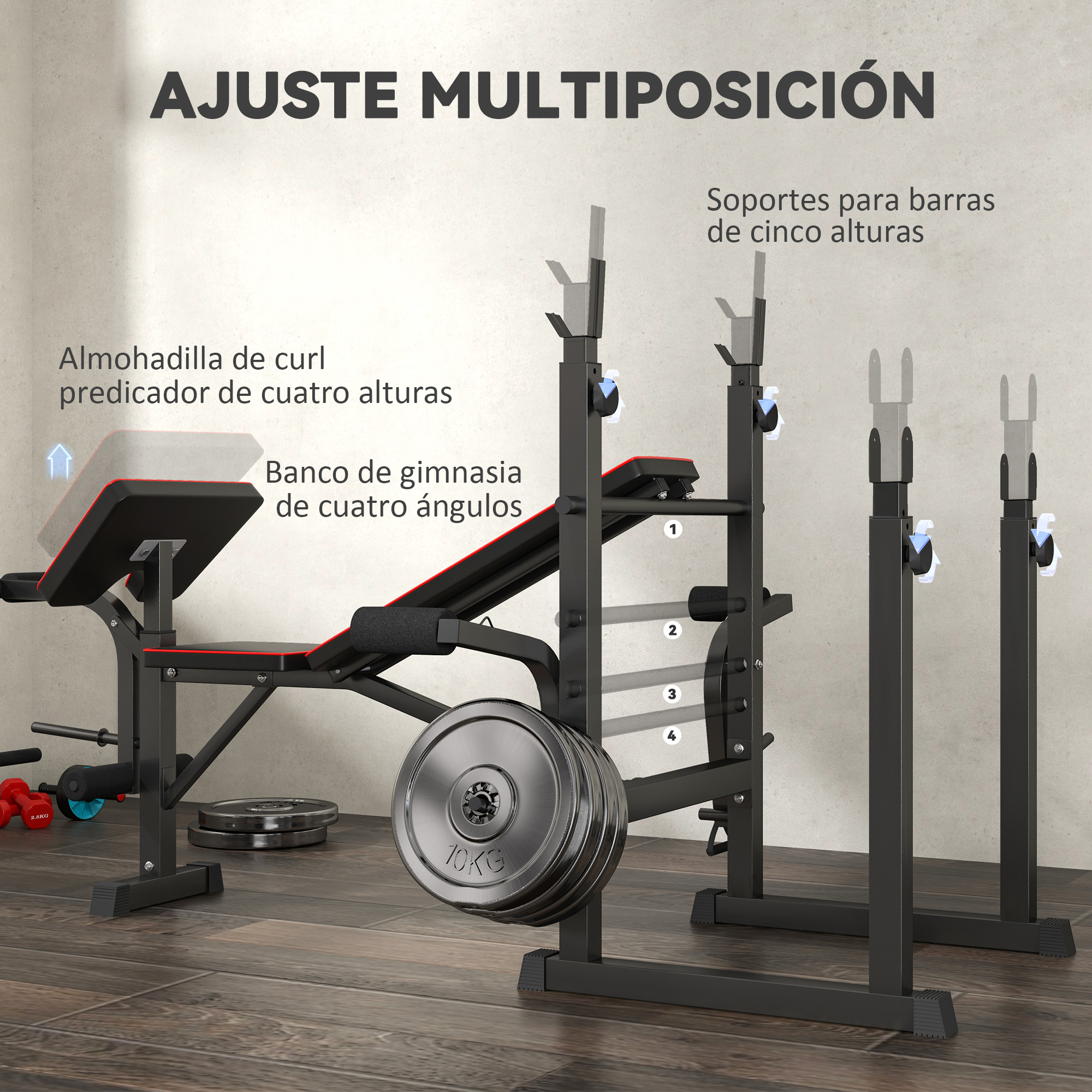 Banco de pesas con soportes ajustables para barras y un cojín para rizos, junto a pesas y una barra.