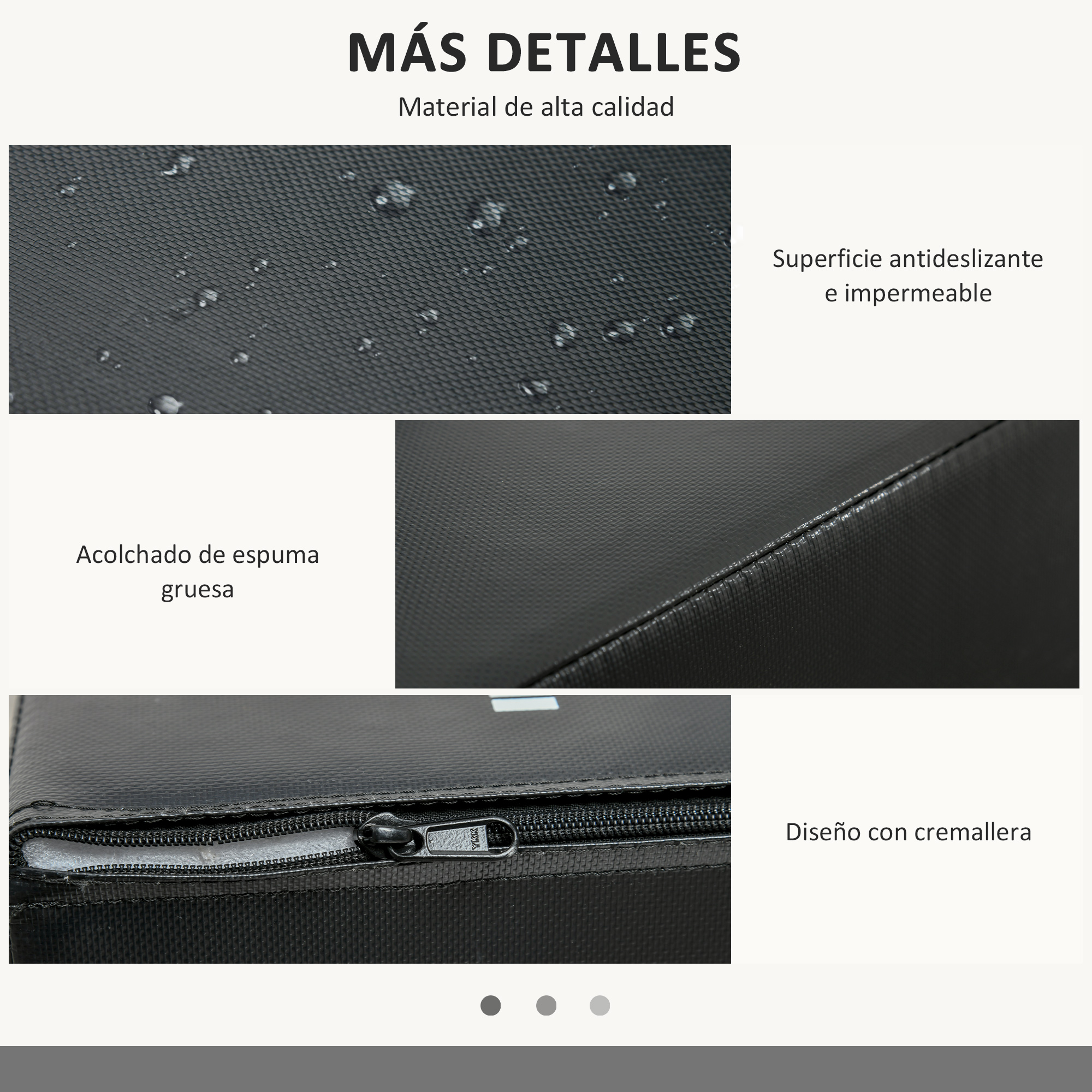 Primeros planos detallados muestran los detalles del material de una caja pliométrica negra, destacando la textura, las costuras y la cremallera.