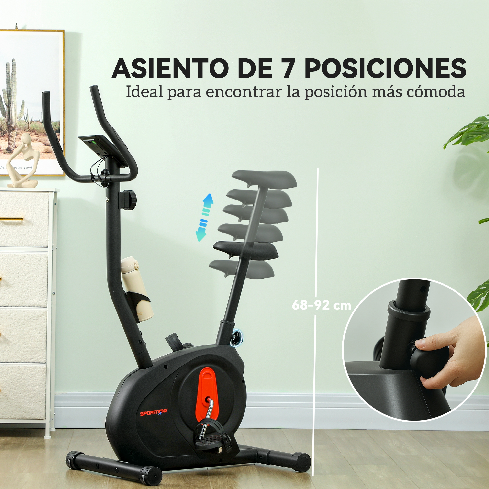 Una bicicleta estática con posiciones de asiento ajustables. La imagen insertada muestra la perilla de ajuste.