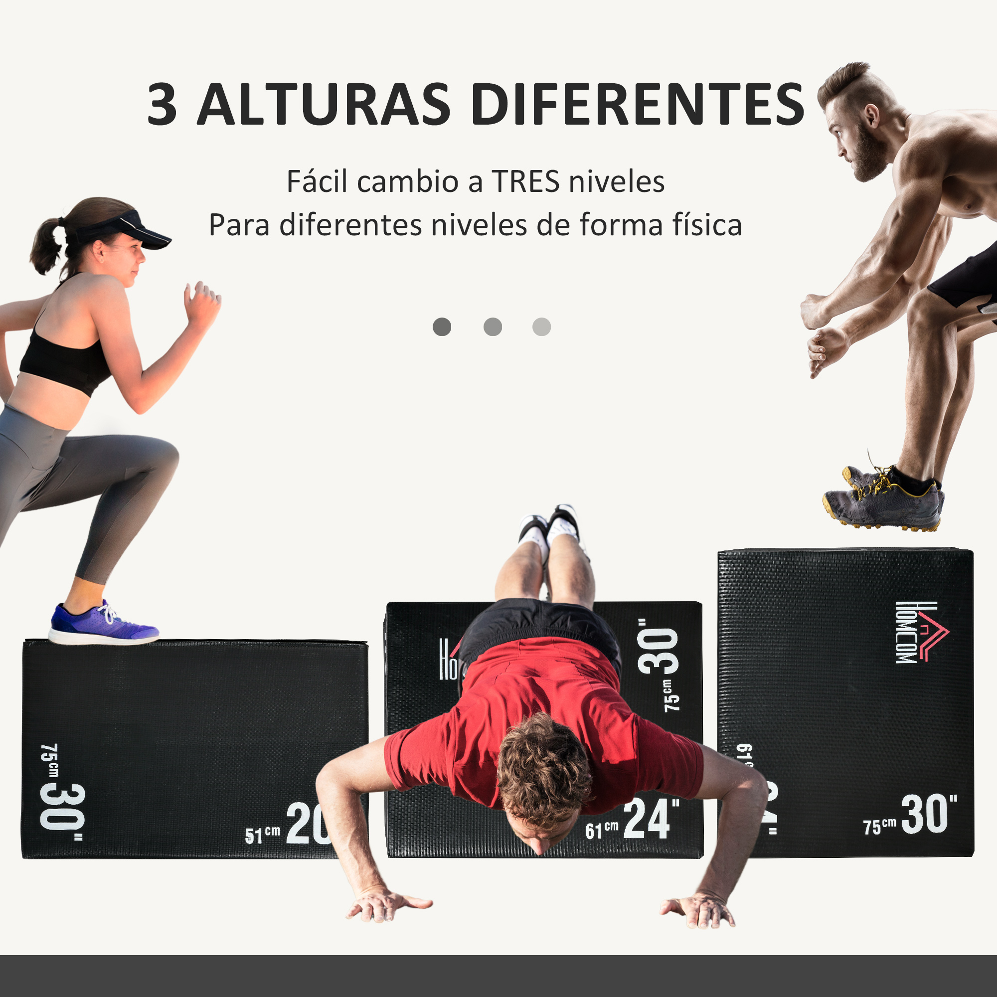 Tres personas haciendo ejercicio con una caja pliométrica negra ajustada a tres alturas diferentes.