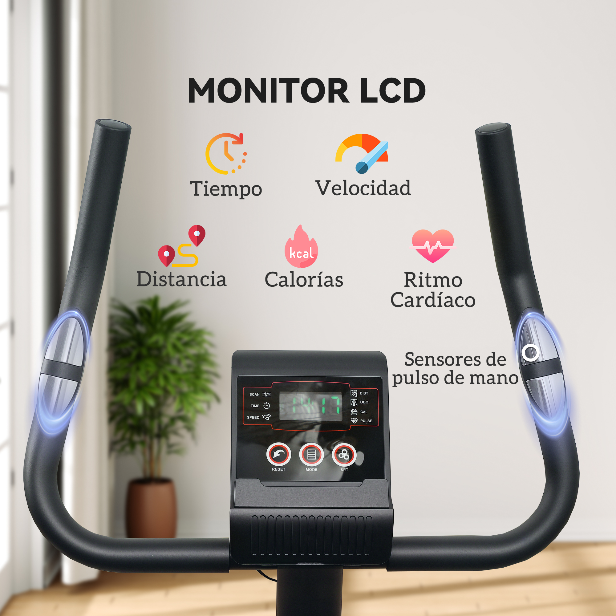El monitor LCD de una bicicleta estática muestra tiempo, velocidad, distancia, calorías y frecuencia cardíaca.