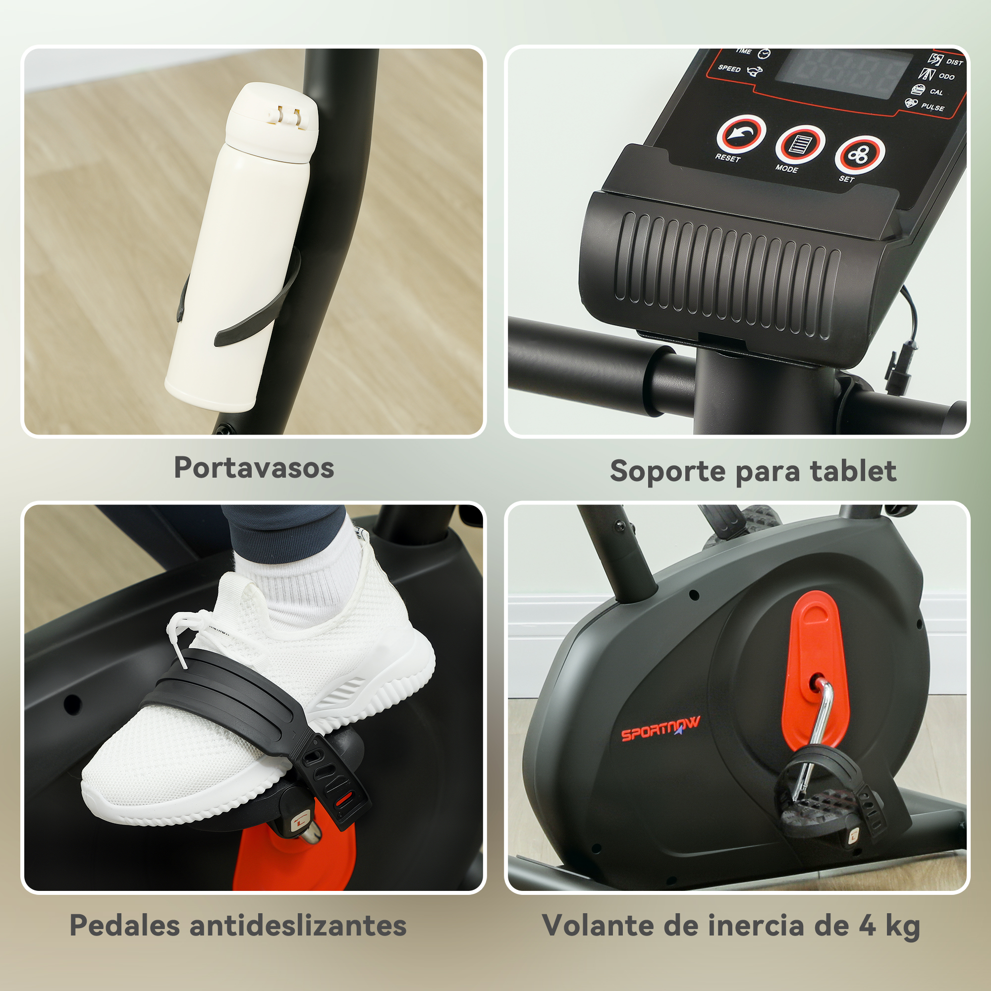 Collage de características de la bicicleta estática: portabotellas, soporte para tablet, pedales antideslizantes y volante de inercia.