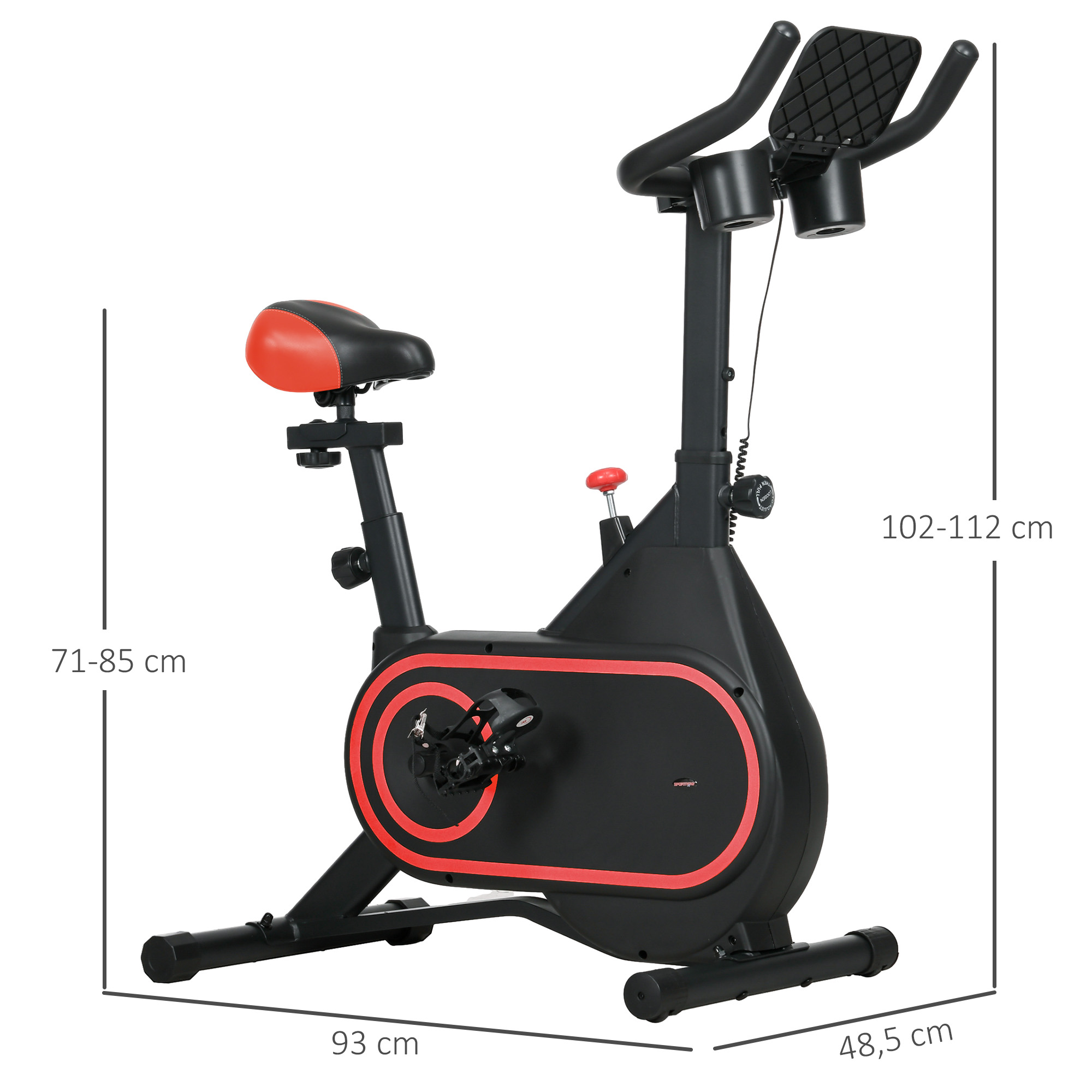 Bicicleta estática. Diseño negro y rojo. Dimensiones indicadas. Asiento rojo. Detalles del pedal rojo.