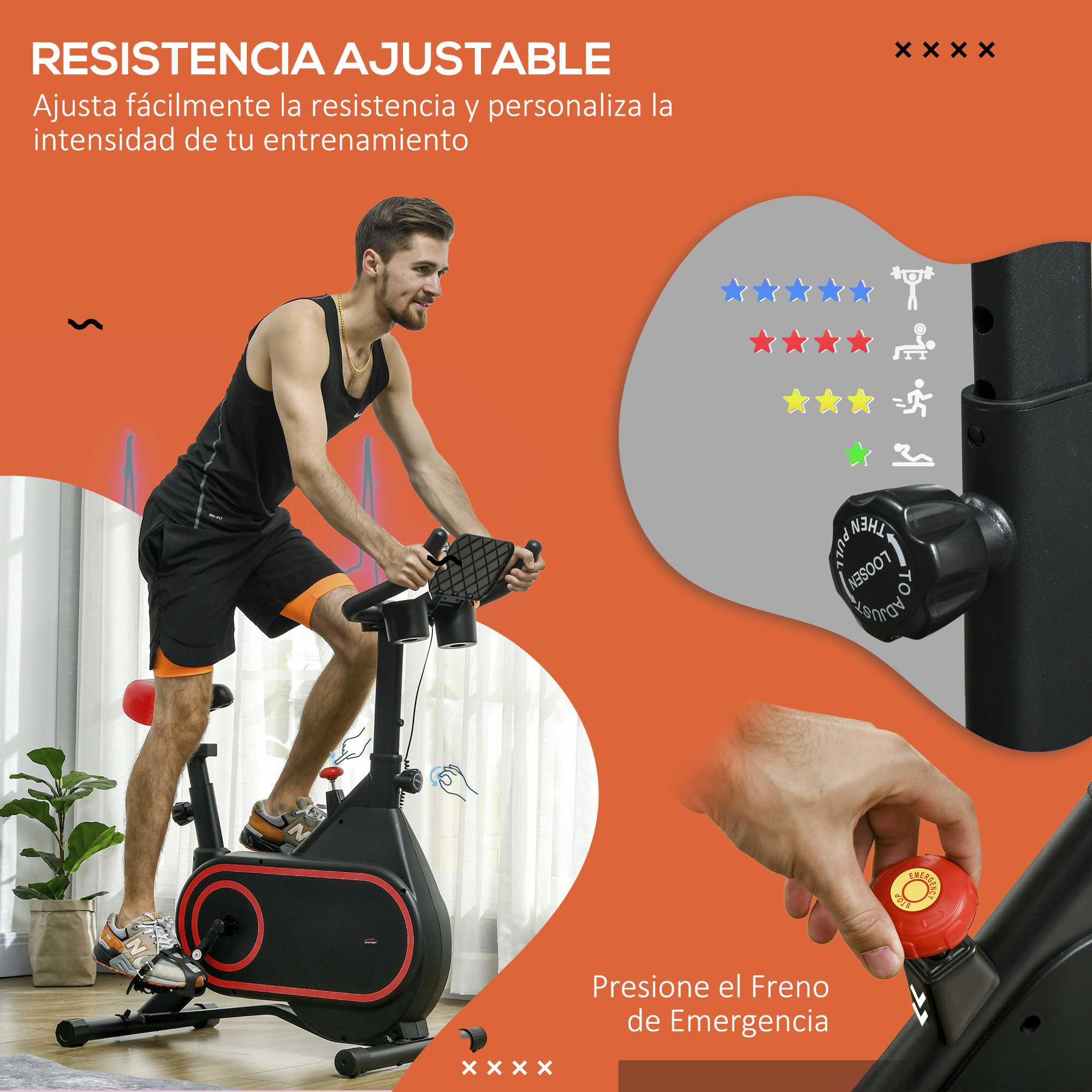 Hombre en una bicicleta estática, ajustando la resistencia. Viste pantalones cortos negros y una camiseta sin mangas. Bicicleta negra y roja, con dial.