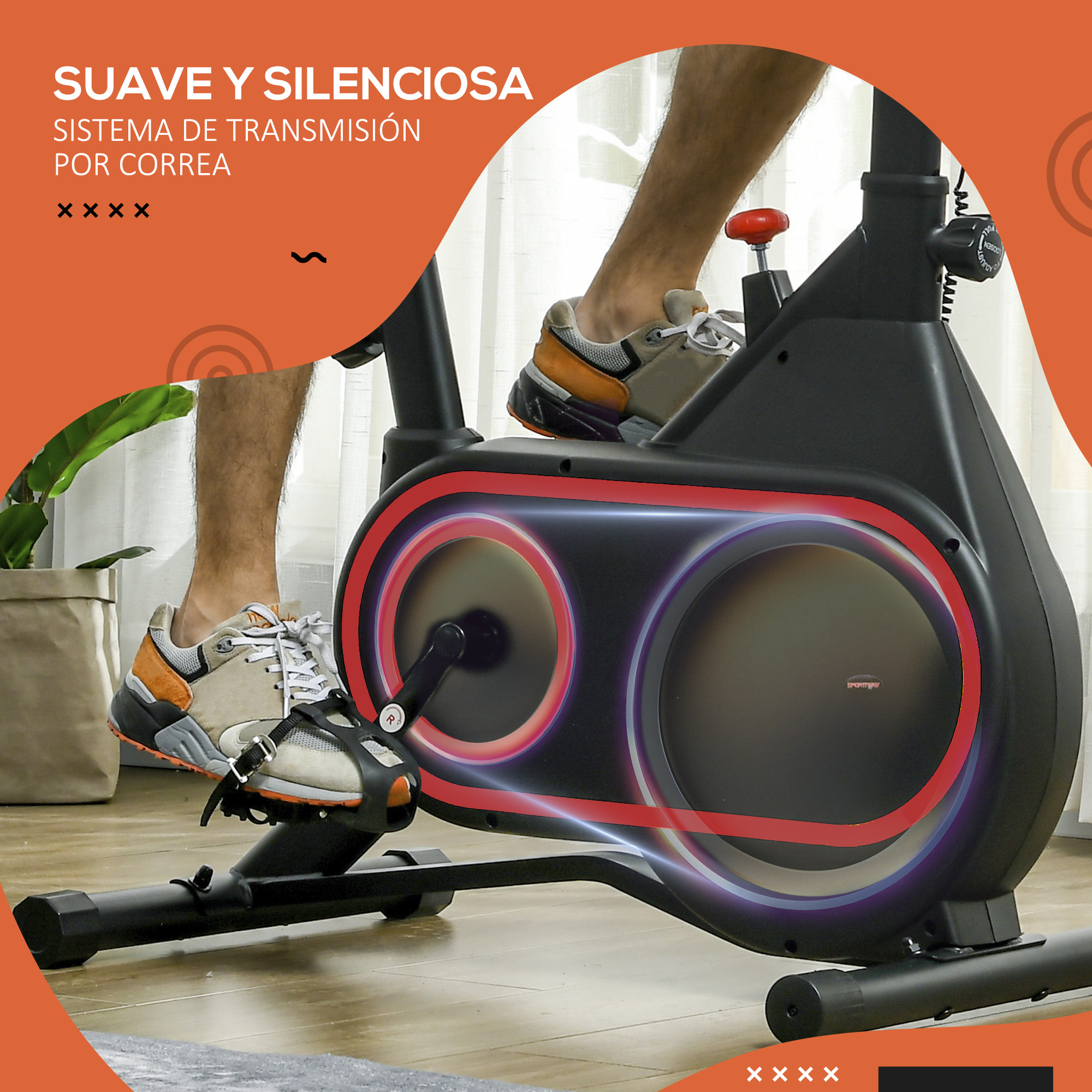 Primer plano de los pedales de una bicicleta estática. Pies del usuario con zapatillas. Cuadro de bicicleta rojo y negro. Elementos de diseño naranja y rojo.