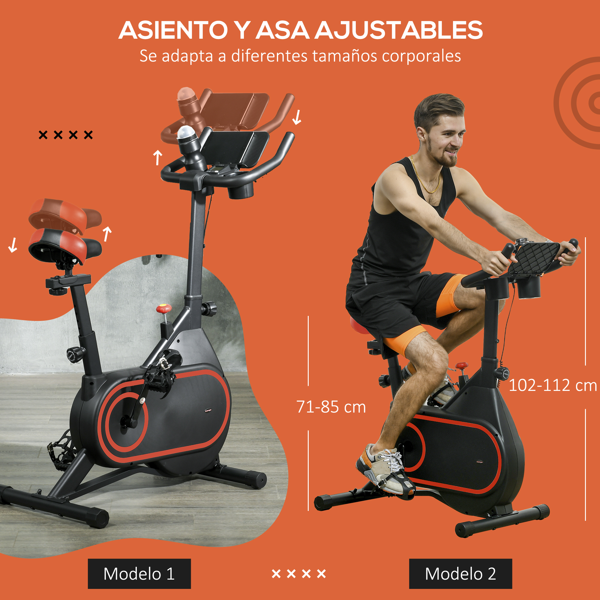 Dos bicicletas estáticas. Una con asiento y manillar ajustables. Un hombre está usando la otra.