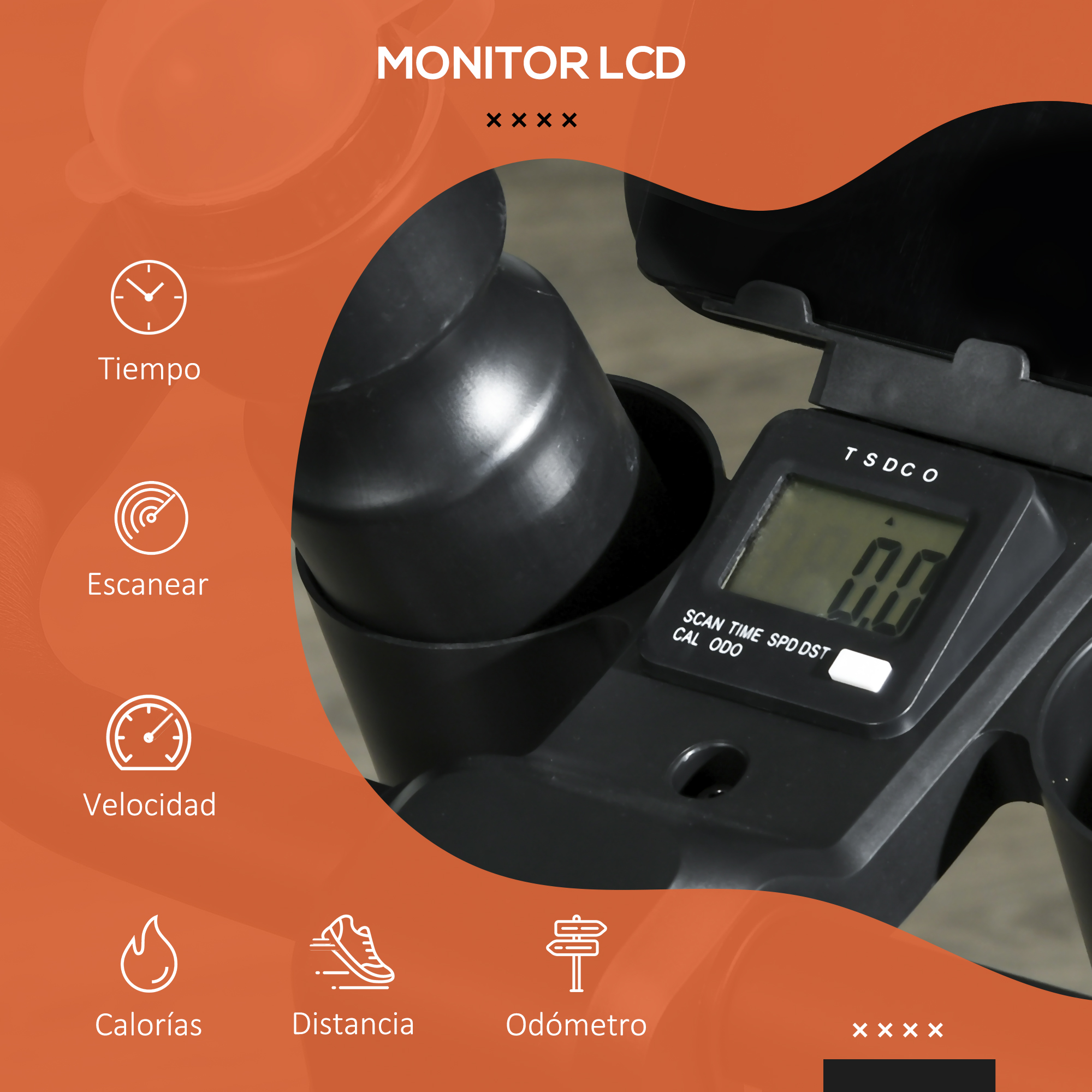 Primer plano del monitor LCD de una bicicleta estática negra, que muestra el tiempo, la velocidad y la distancia.