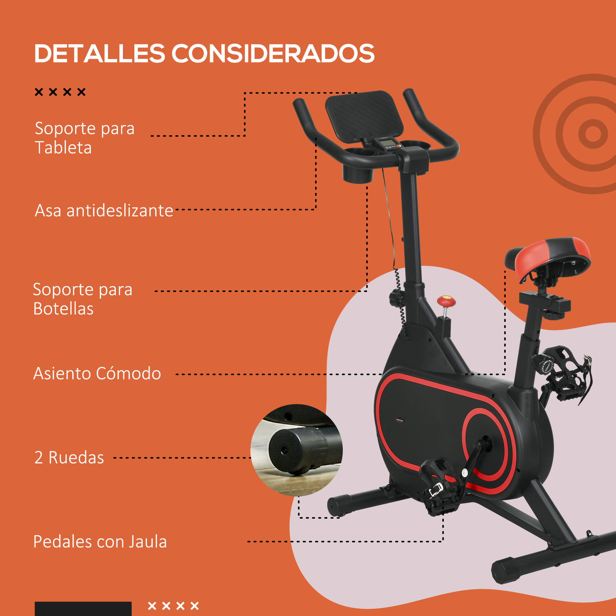 Detalles de la bicicleta estática. Incluye soporte para tableta, manillar antideslizante, portabotellas, asiento cómodo y dos ruedas.