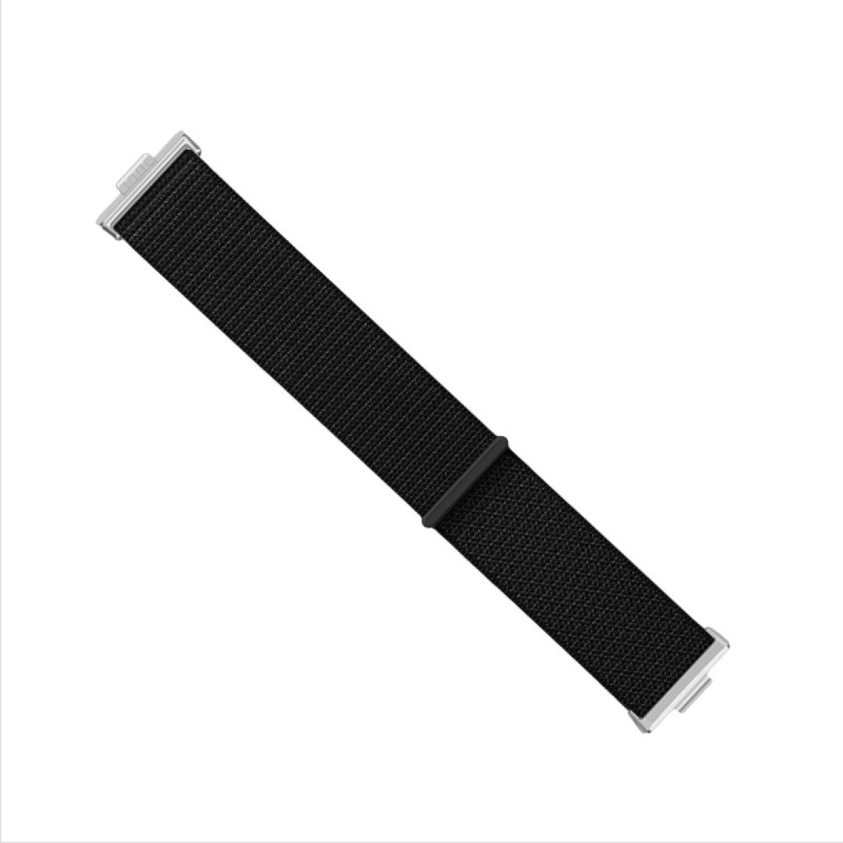 Un cinturino nero con un motivo tessuto grigio scuro, angolato su uno sfondo bianco.