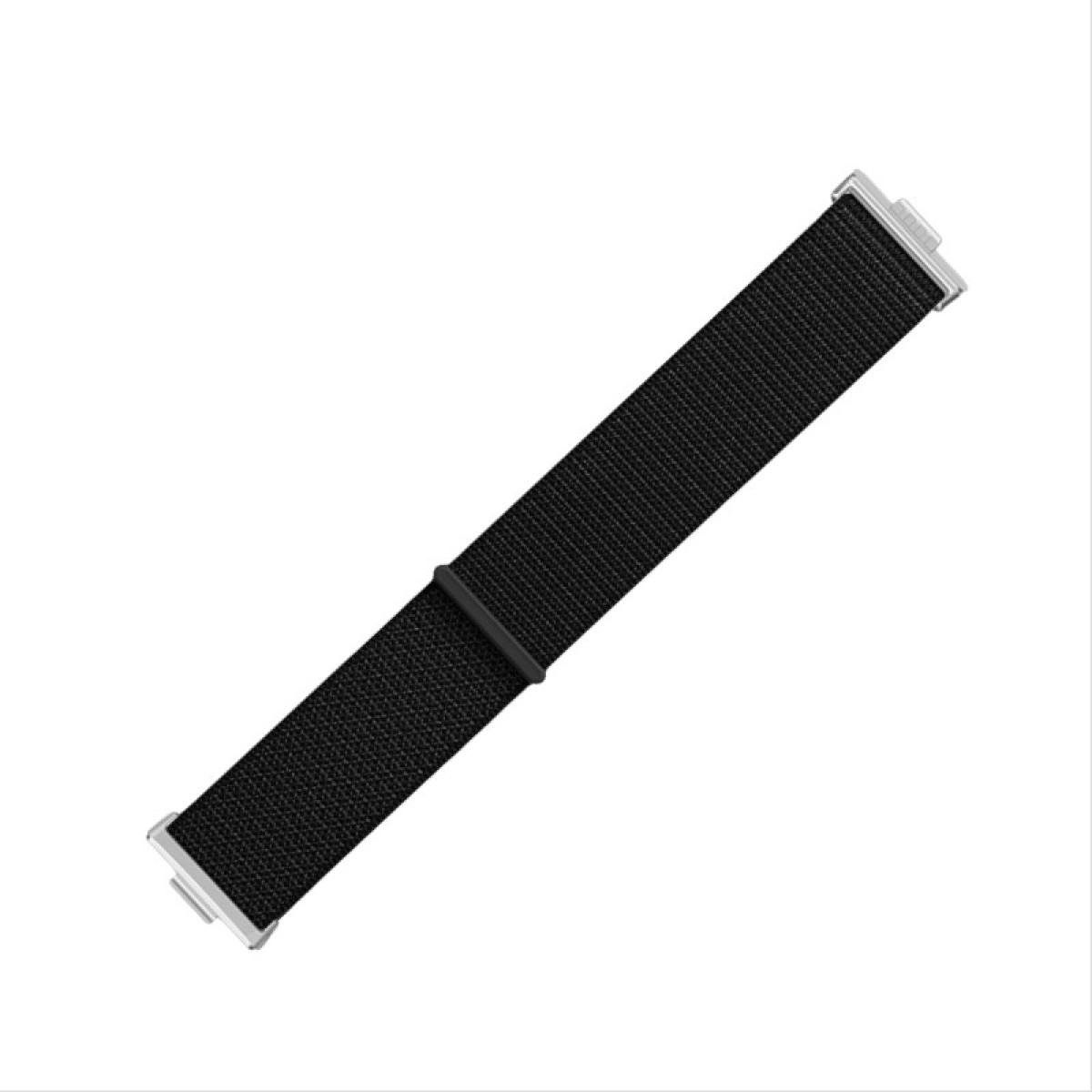 Un cinturino nero con chiusure metalliche su sfondo bianco. È una ripresa angolata.