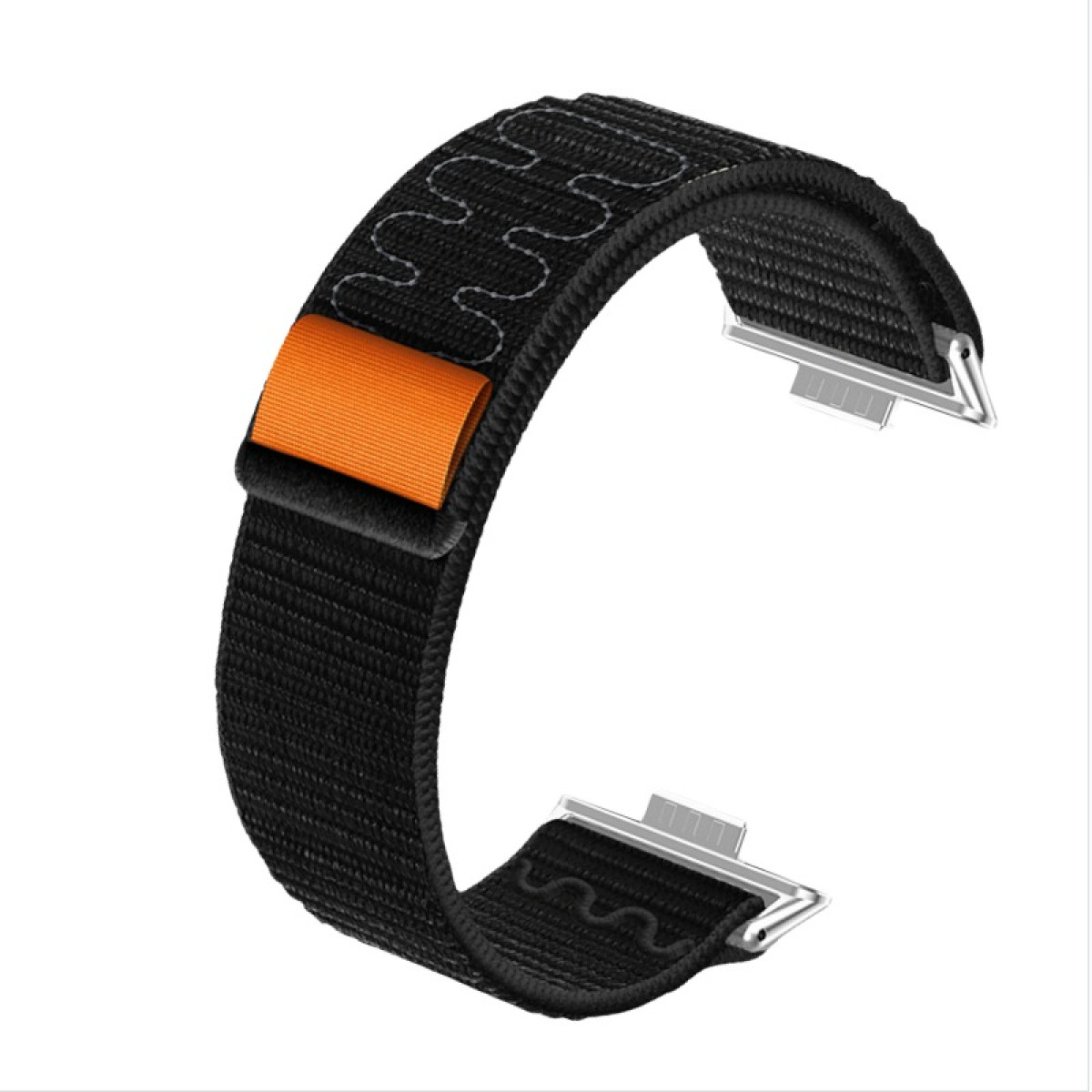 Ein schwarzes Uhrenarmband mit orangefarbenem Akzent und Metallverschlüssen auf weißem Hintergrund.
