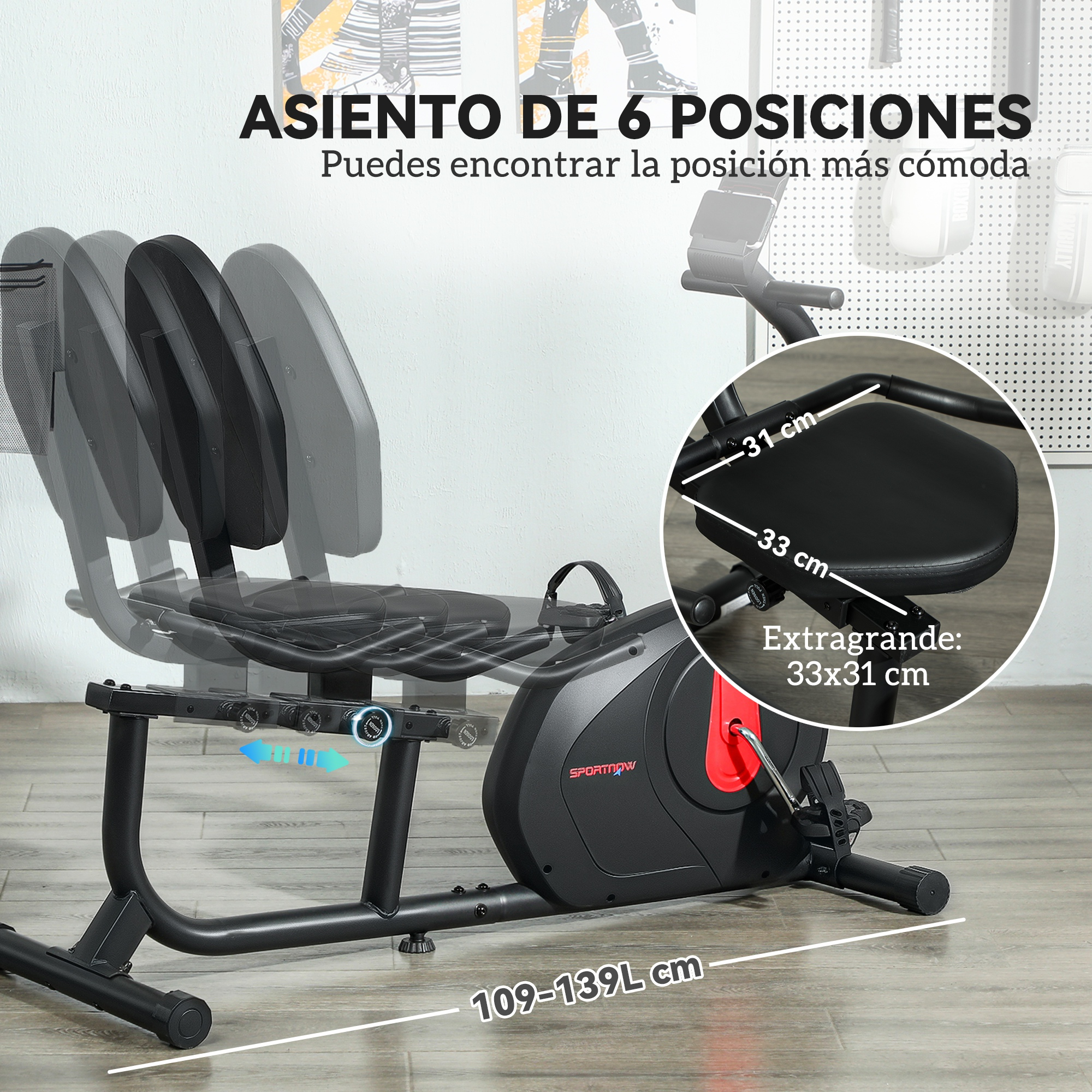 Bicicleta estática reclinada con ajuste de asiento y dimensiones mostradas, con texto en español.