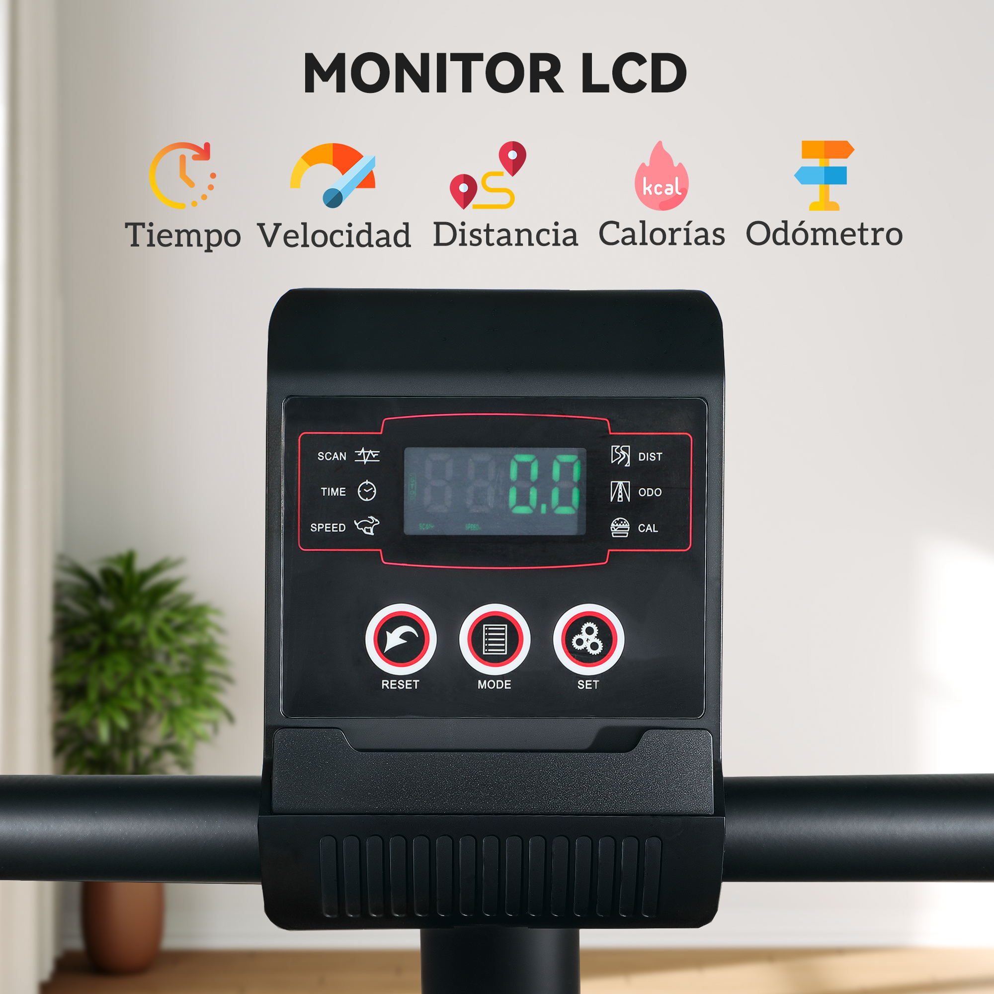Primer plano del monitor LCD de una bicicleta estática, mostrando las estadísticas del entrenamiento.