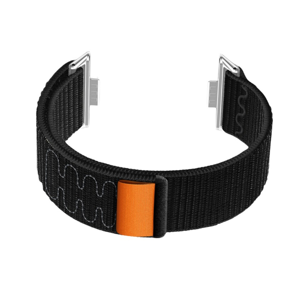Schwarzes Uhrenarmband mit orangefarbenen Details. Das Armband hat ein strukturiertes Muster und eine silberne Schnalle.
