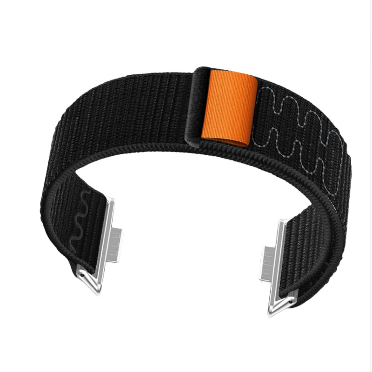 Ein schwarzes Uhrenarmband mit einem orangefarbenen Detail und silbernen Verschlüssen.