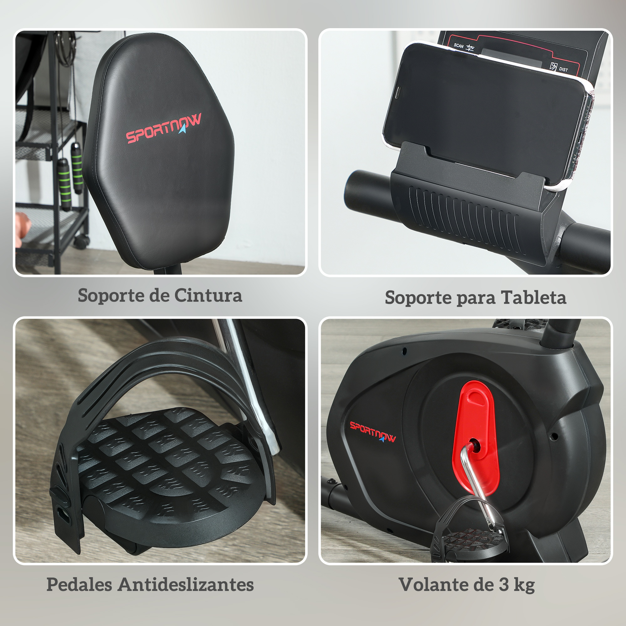 Primer plano de partes de bicicleta estática: asiento, soporte para tableta, pedales antideslizantes y volante de 3 kg.