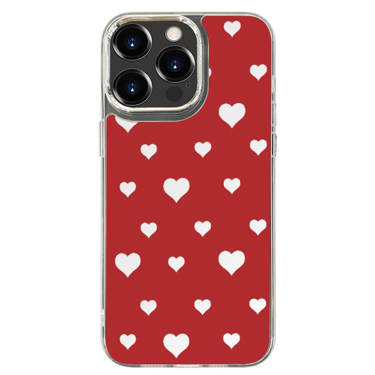 Una custodia rossa per telefono ricoperta di cuori bianchi. Le fotocamere del telefono sono visibili.