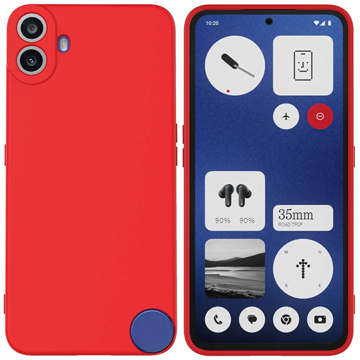 Rote Handyhülle mit Dual-Kamera und Widgets auf dem Bildschirm.