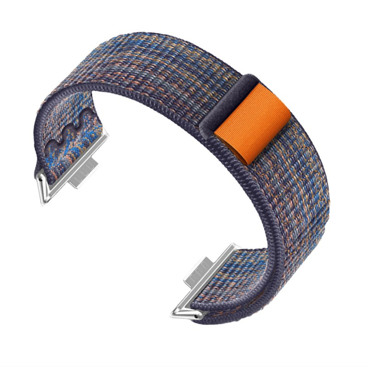 Armbanduhr mit blauem und goldenem Muster und orangefarbenen Details am Verschluss.