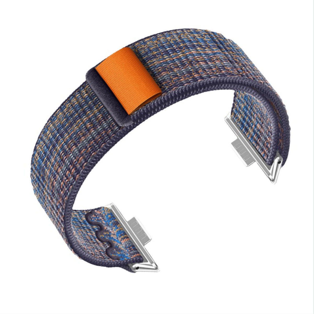 Blau-oranges Uhrenarmband mit Metallverschlüssen.