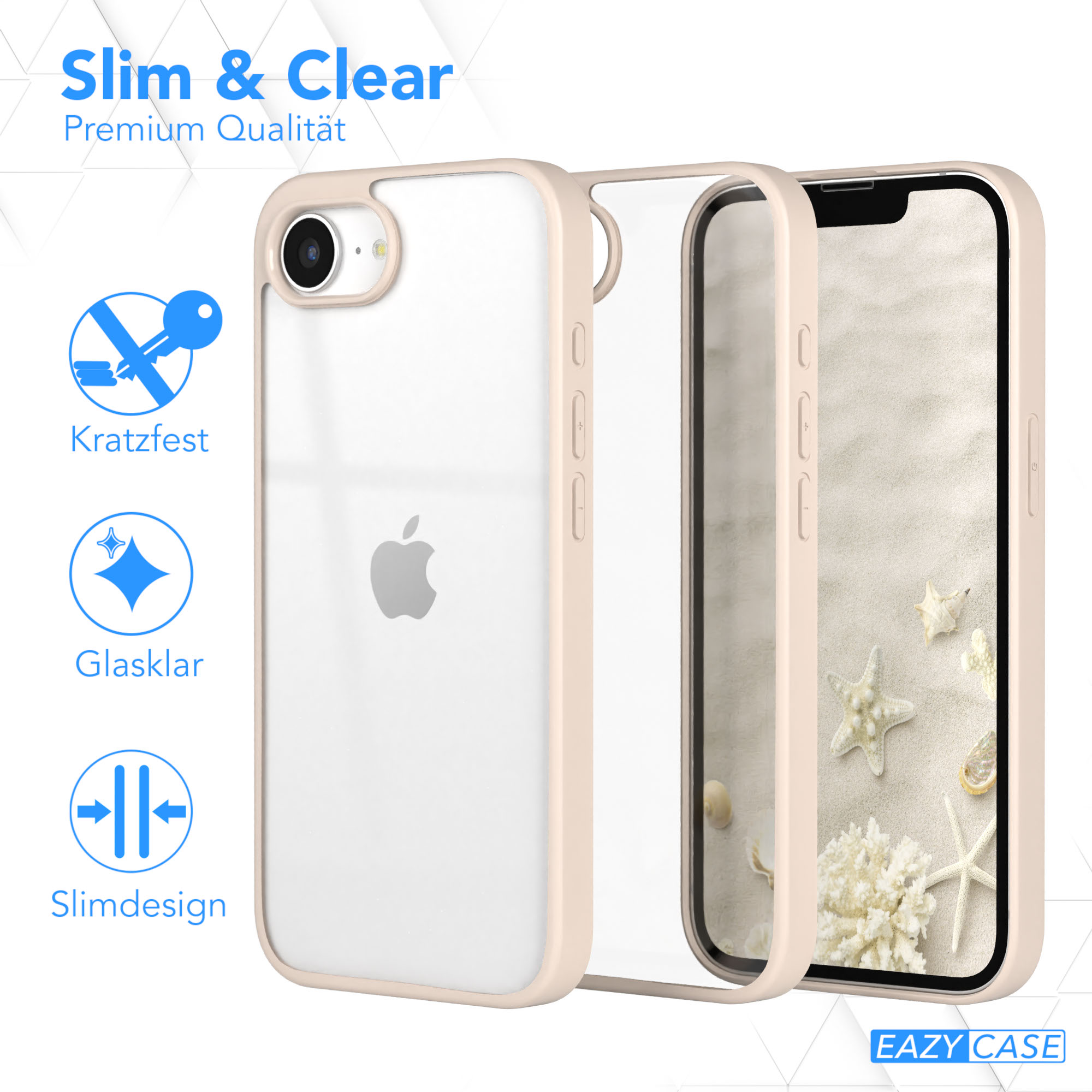 Transparente Handyhülle, ein iPhone und Symbole für Kratzfestigkeit, Klarheit und schlankes Design.