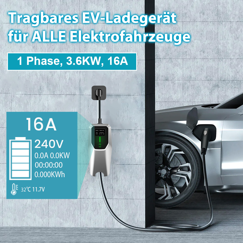 Ein Elektroauto wird mit einem tragbaren Ladegerät geladen.