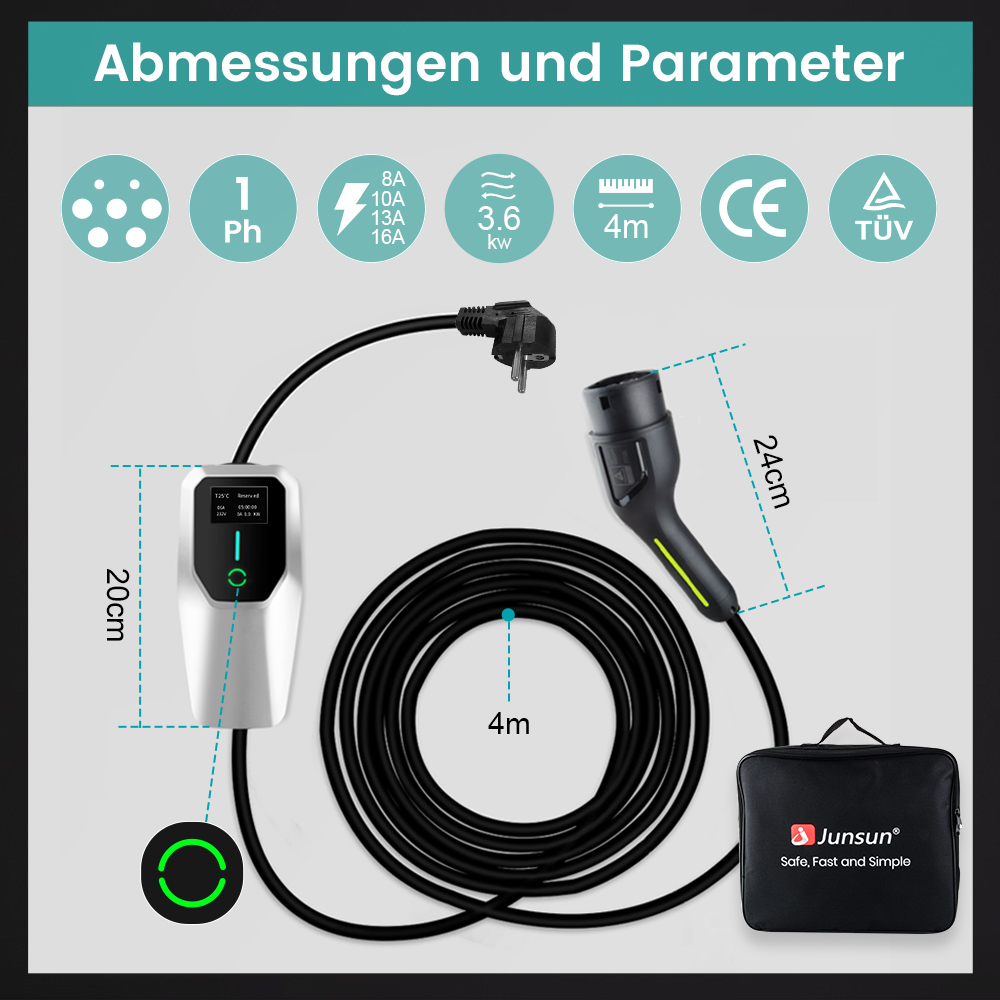 EV-Ladegerät-Setup mit Abmessungen und Spezifikationen.
