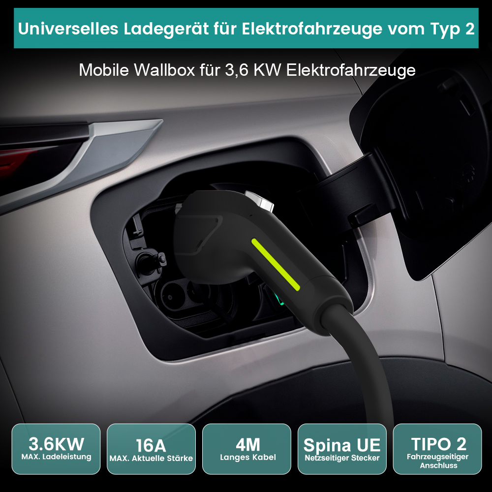 Ein Ladekabel, das in ein Elektroauto eingesteckt ist, mit 3,6 kW Leistung und 16 A Strom.