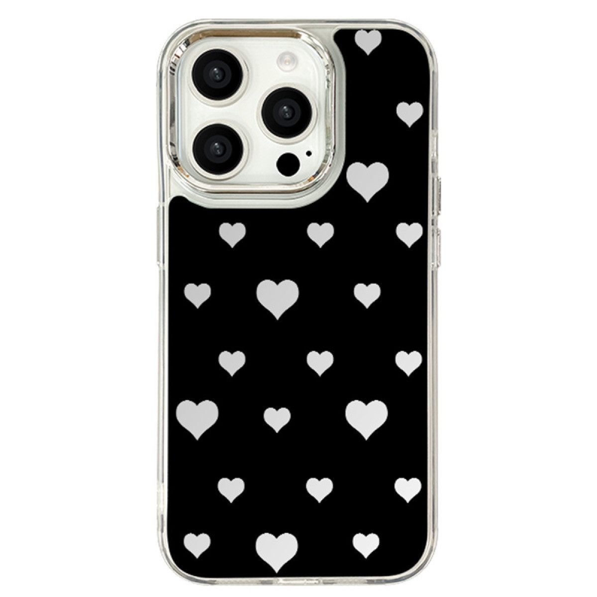 Custodia per telefono con sfondo nero e forme di cuore bianche. Un telefono con fotocamere è visibile.